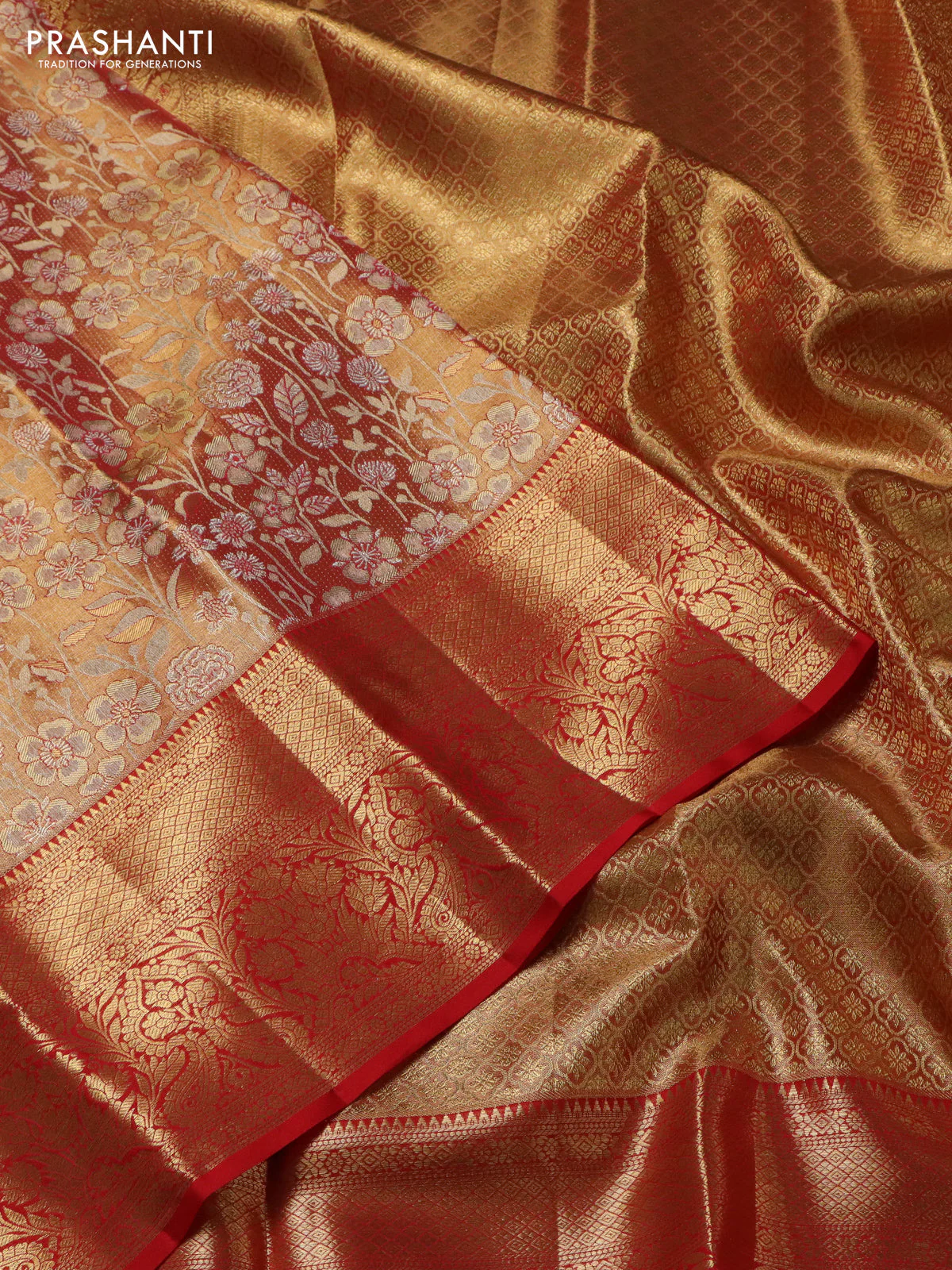 Pure kanchipuram tissue silk saree red shade with allover zari woven brocade weaves and zari woven border - Image 3