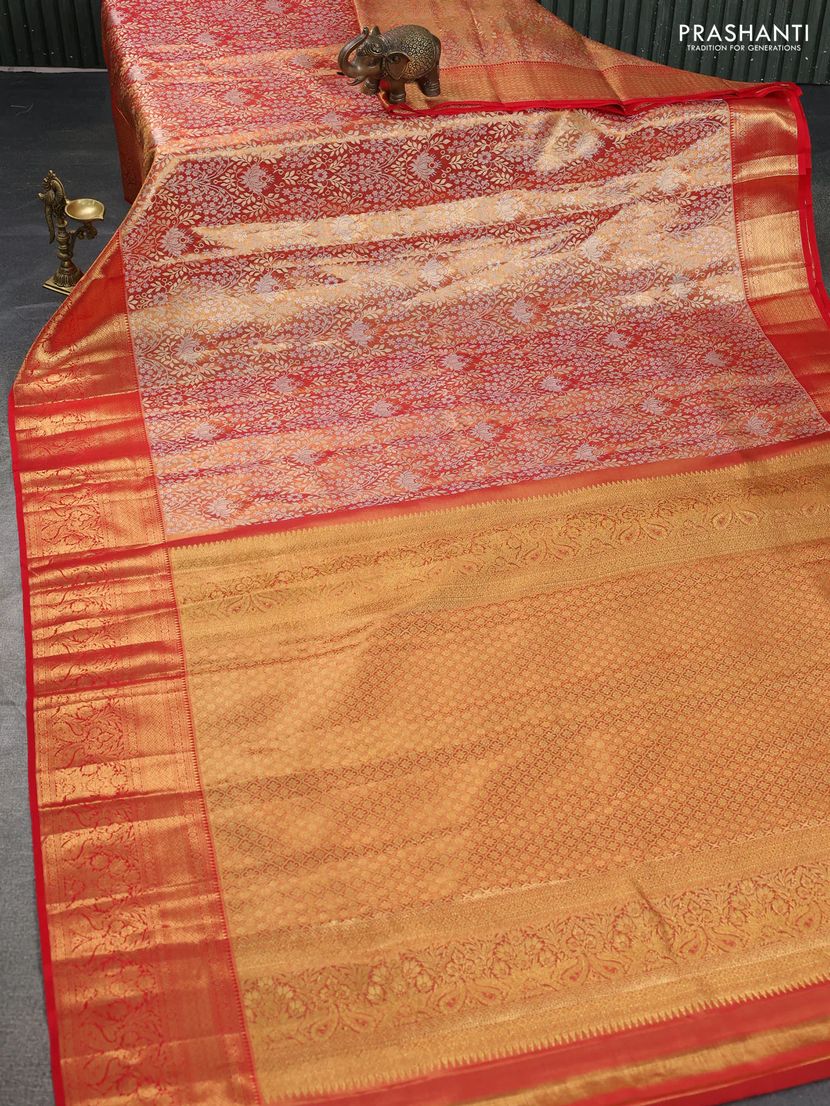 Pure kanchipuram tissue silk saree red shade with allover zari woven brocade weaves and zari woven border - Image 2