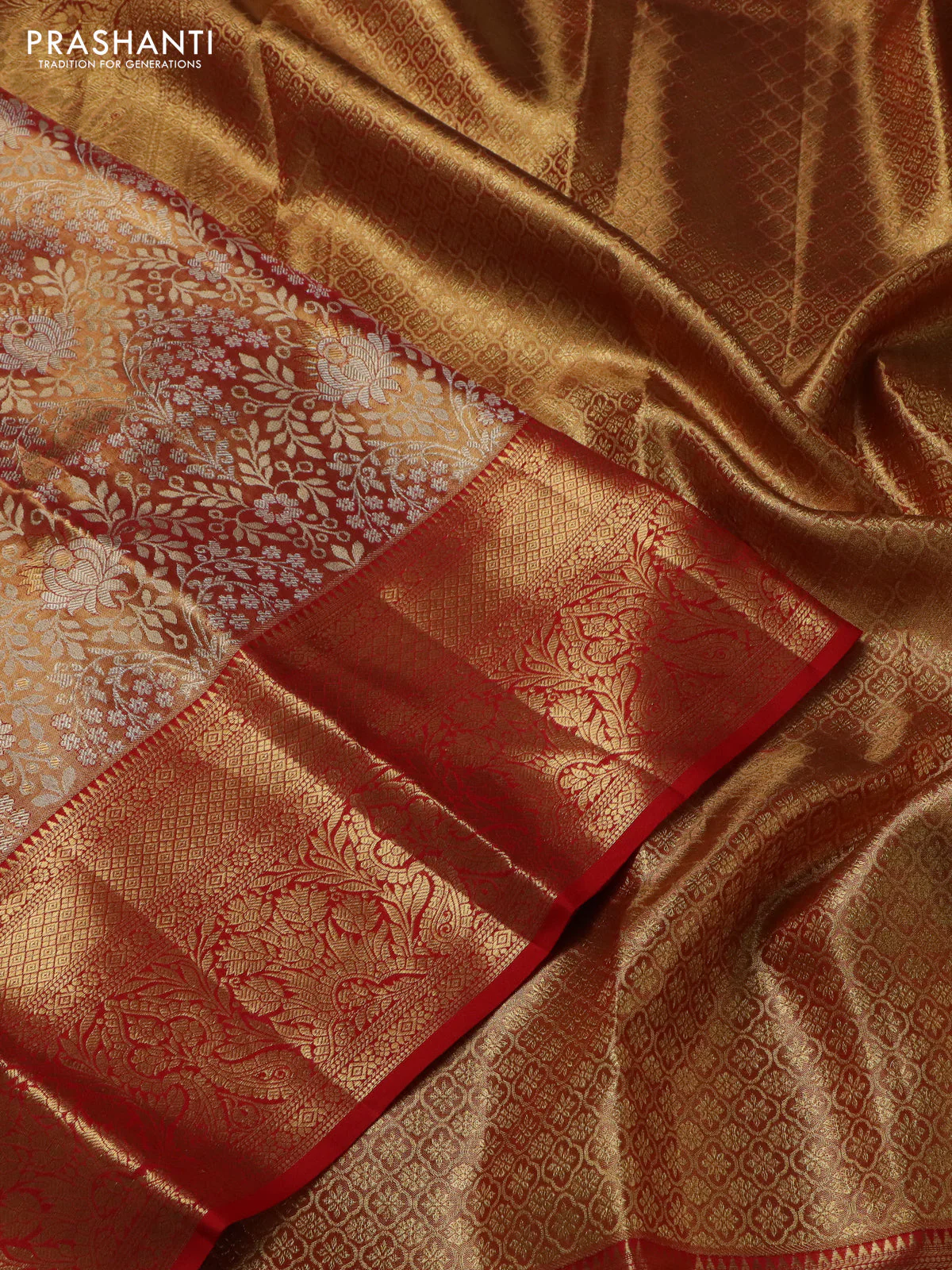 Pure kanchipuram tissue silk saree red shade with allover zari woven brocade weaves and zari woven border - Image 3
