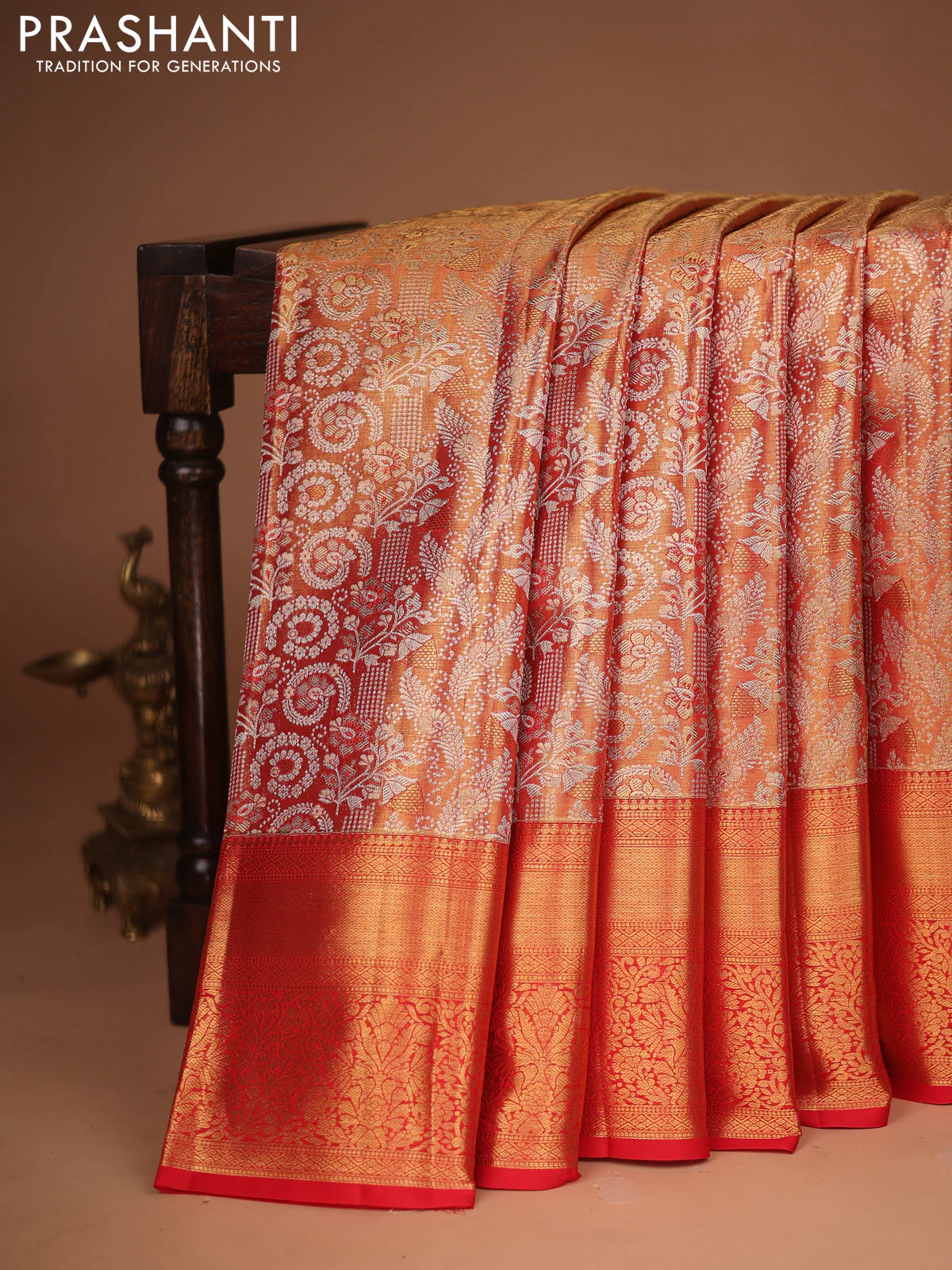 Pure kanchipuram tissue silk saree red with allover silver zari woven brocade weaves and zari woven border