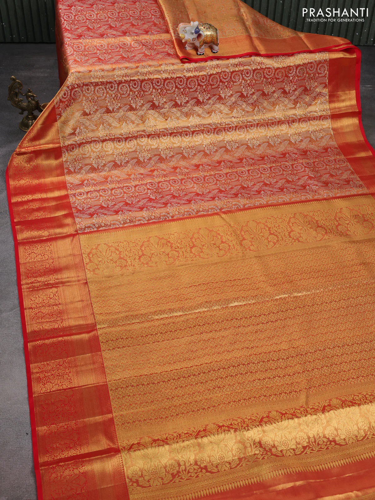 Pure kanchipuram tissue silk saree red with allover silver zari woven brocade weaves and zari woven border - Image 2