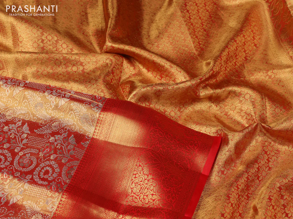 Pure kanchipuram tissue silk saree red with allover silver zari woven brocade weaves and zari woven border - Image 3