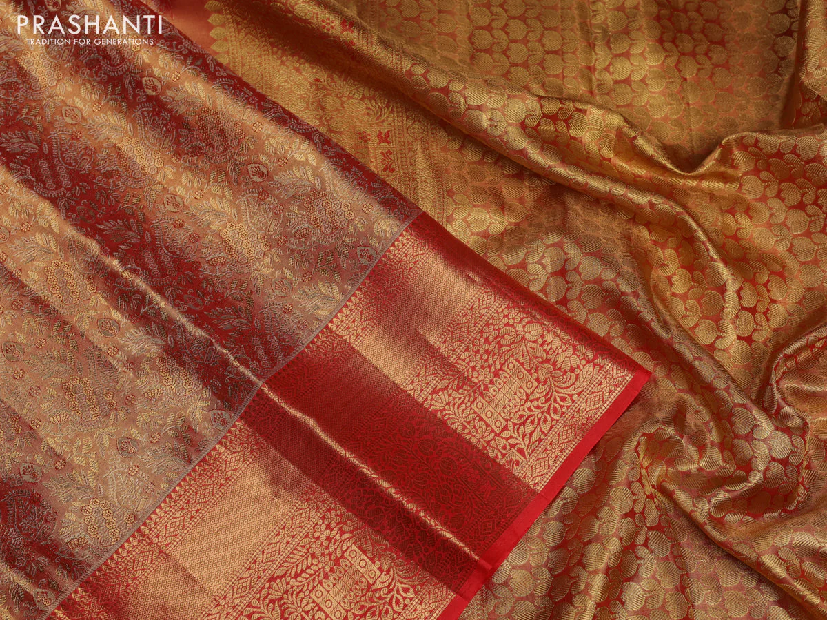 Pure kanchipuram tissue silk saree red with allover zari woven brocade weaves and zari woven border - Image 3