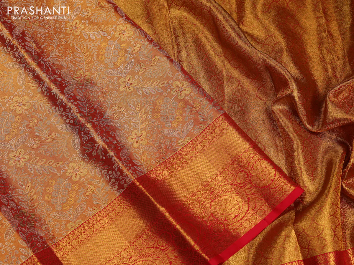 Pure kanchipuram tissue silk saree red with allover zari woven brocade weaves and zari woven border - Image 3