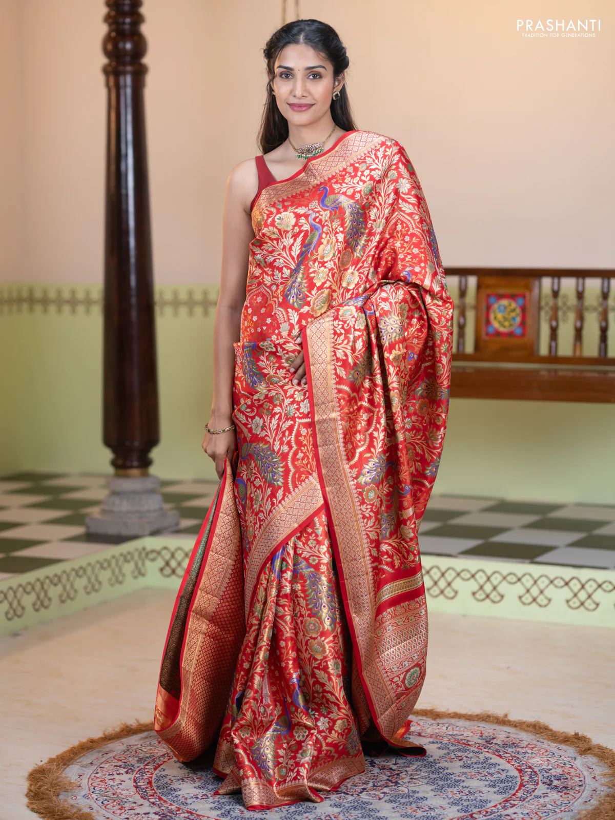 Pure kanchipuram tissue silk saree red with allover zari woven peacock design mina weaves and zari woven border - Image 2