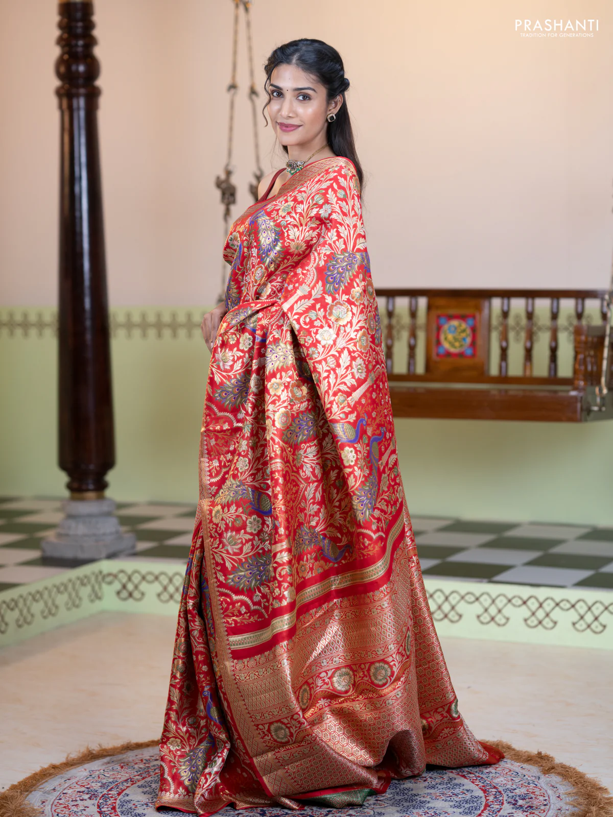 Pure kanchipuram tissue silk saree red with allover zari woven peacock design mina weaves and zari woven border - Image 3