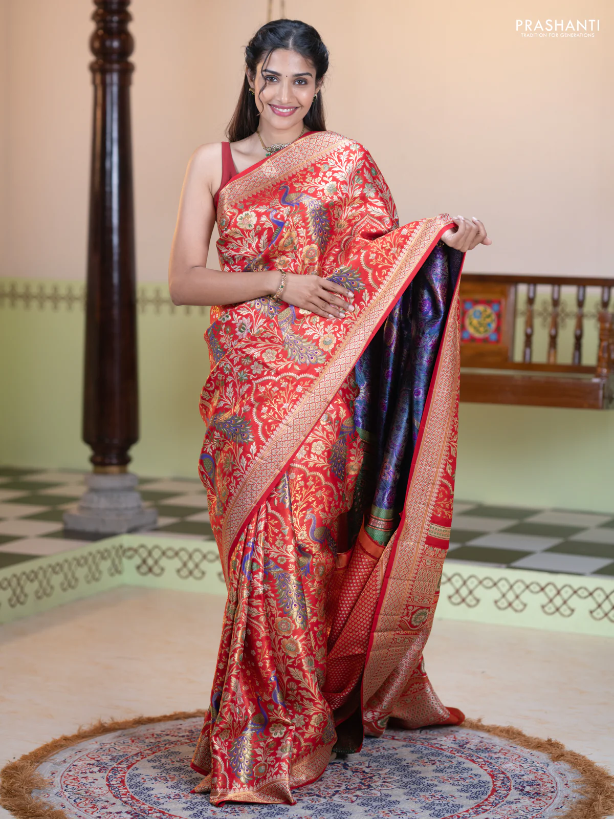 Pure kanchipuram tissue silk saree red with allover zari woven peacock design mina weaves and zari woven border - Image 4