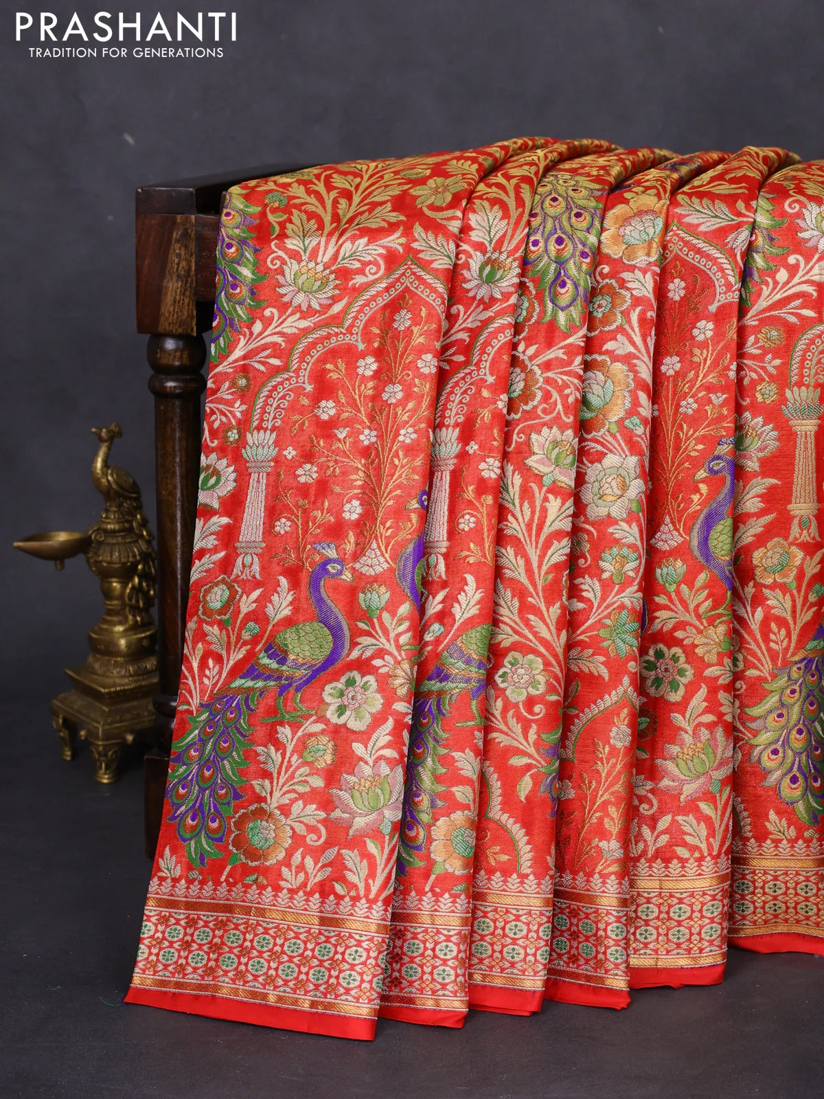Pure kanchipuram tissue silk saree red with allover zari woven peacock design mina weaves and zari woven border - Image 6