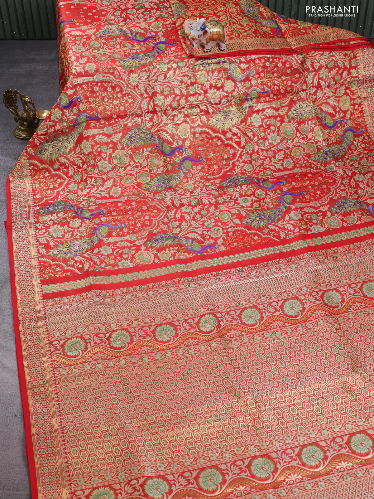 Pure kanchipuram tissue silk saree red with allover zari woven peacock design mina weaves and zari woven border - Image 7