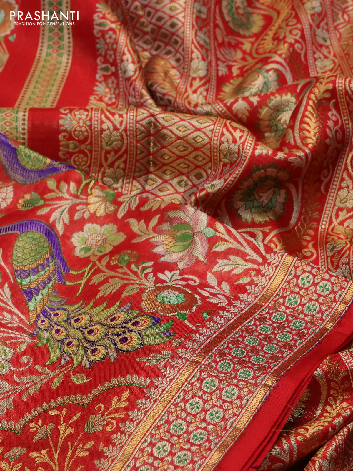 Pure kanchipuram tissue silk saree red with allover zari woven peacock design mina weaves and zari woven border - Image 8