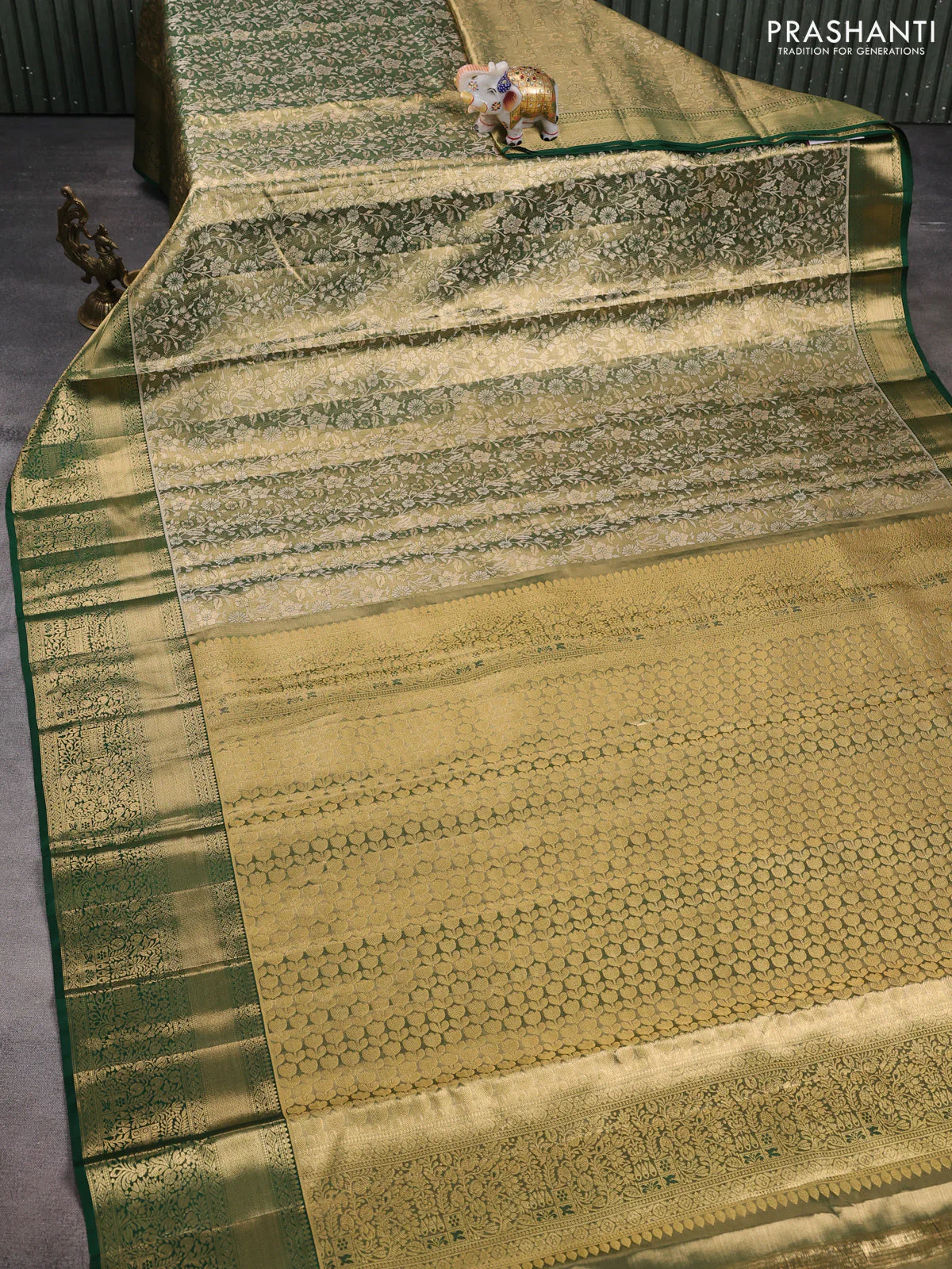 Pure kanchipuram tissue silk saree sap green with allover zari woven brocade weaves and zari woven border - Image 2