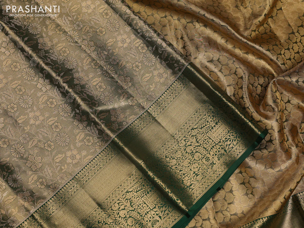 Pure kanchipuram tissue silk saree sap green with allover zari woven brocade weaves and zari woven border - Image 3