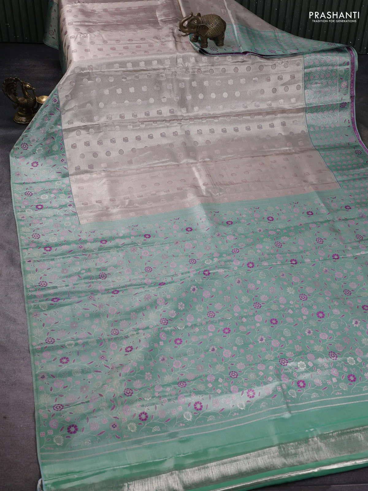 Pure kanchipuram tissue silk saree silver and teal blue with annam & rudhraksha zari woven buttas and rich zari woven border - Image 2