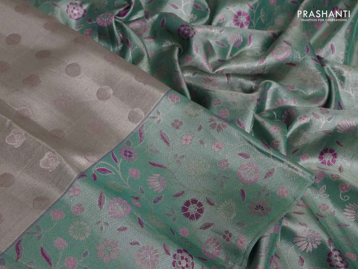 Pure kanchipuram tissue silk saree silver and teal blue with annam & rudhraksha zari woven buttas and rich zari woven border - Image 3