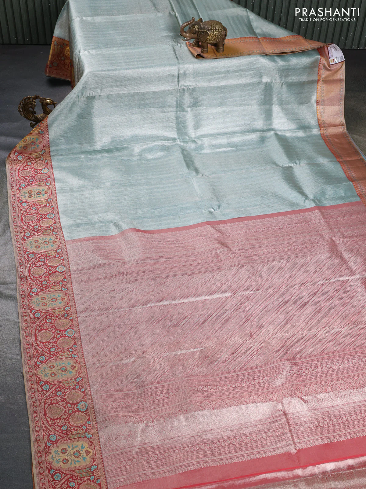 Pure kanchipuram tissue silk saree teal blue and maroon with allover silver zari woven brocade weaves and rich zari woven border - Image 2
