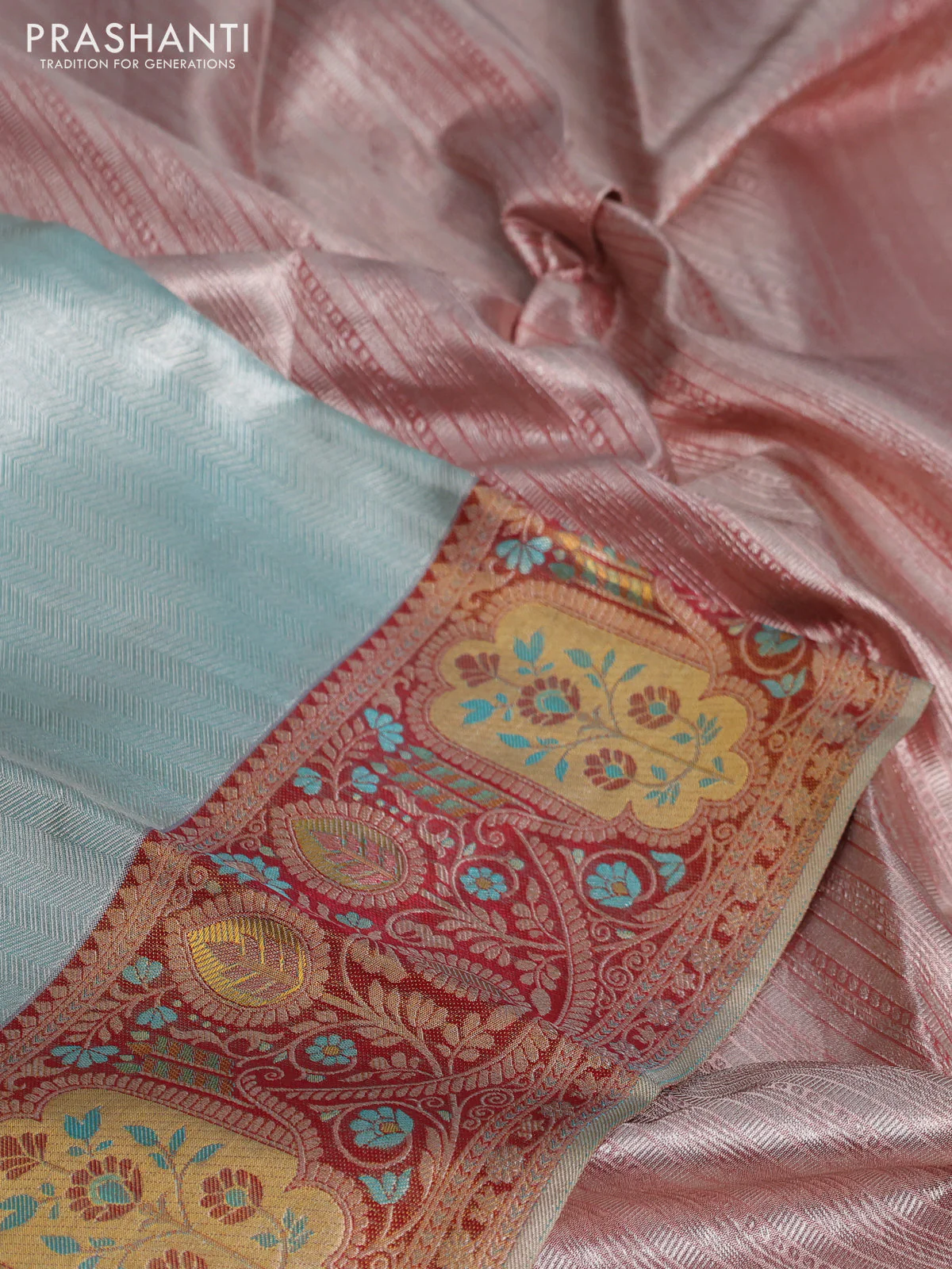 Pure kanchipuram tissue silk saree teal blue and maroon with allover silver zari woven brocade weaves and rich zari woven border - Image 3