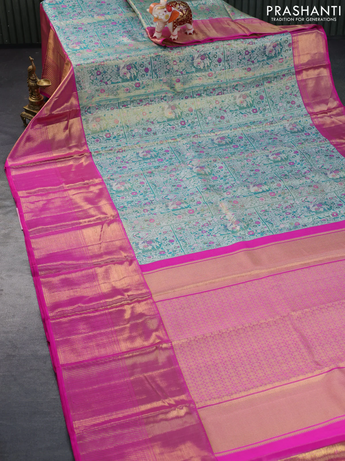 Pure kanchipuram tissue silk saree teal shade shade and pink with allover zari woven brocade weaves and long zari woven border - Image 2