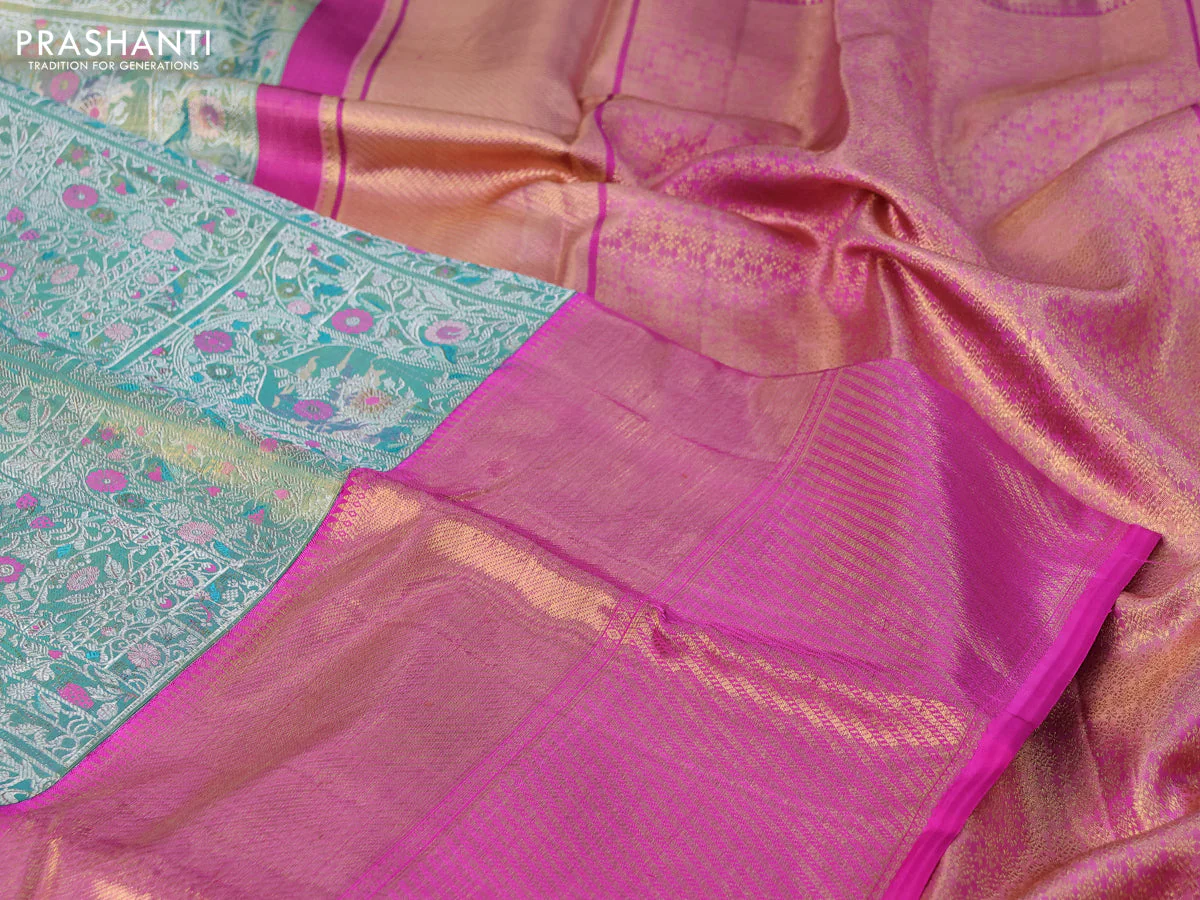 Pure kanchipuram tissue silk saree teal shade shade and pink with allover zari woven brocade weaves and long zari woven border - Image 3