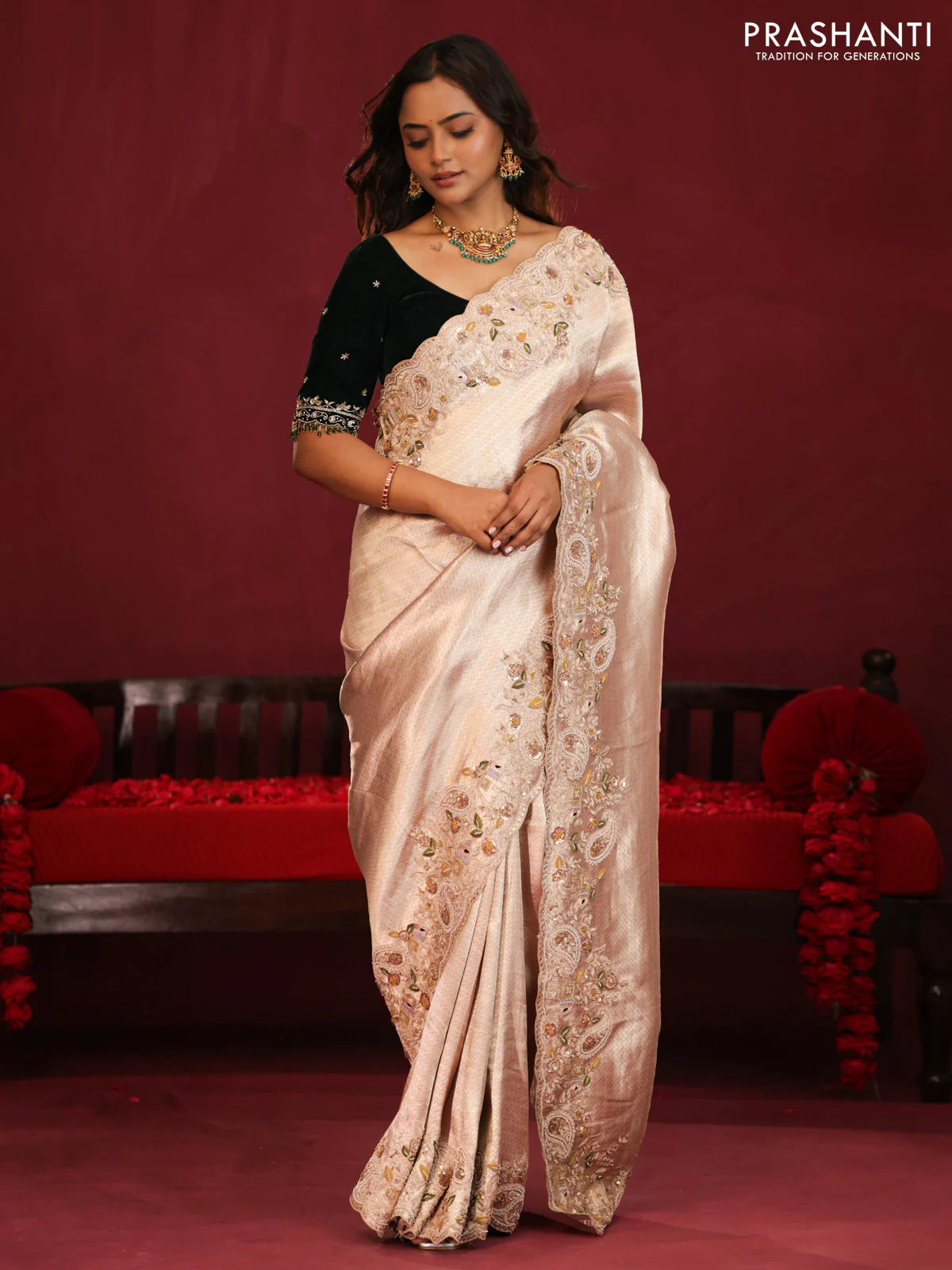 Pure kanchipuram tissue silk saree with border embroidery & velvet blouse - Image 2