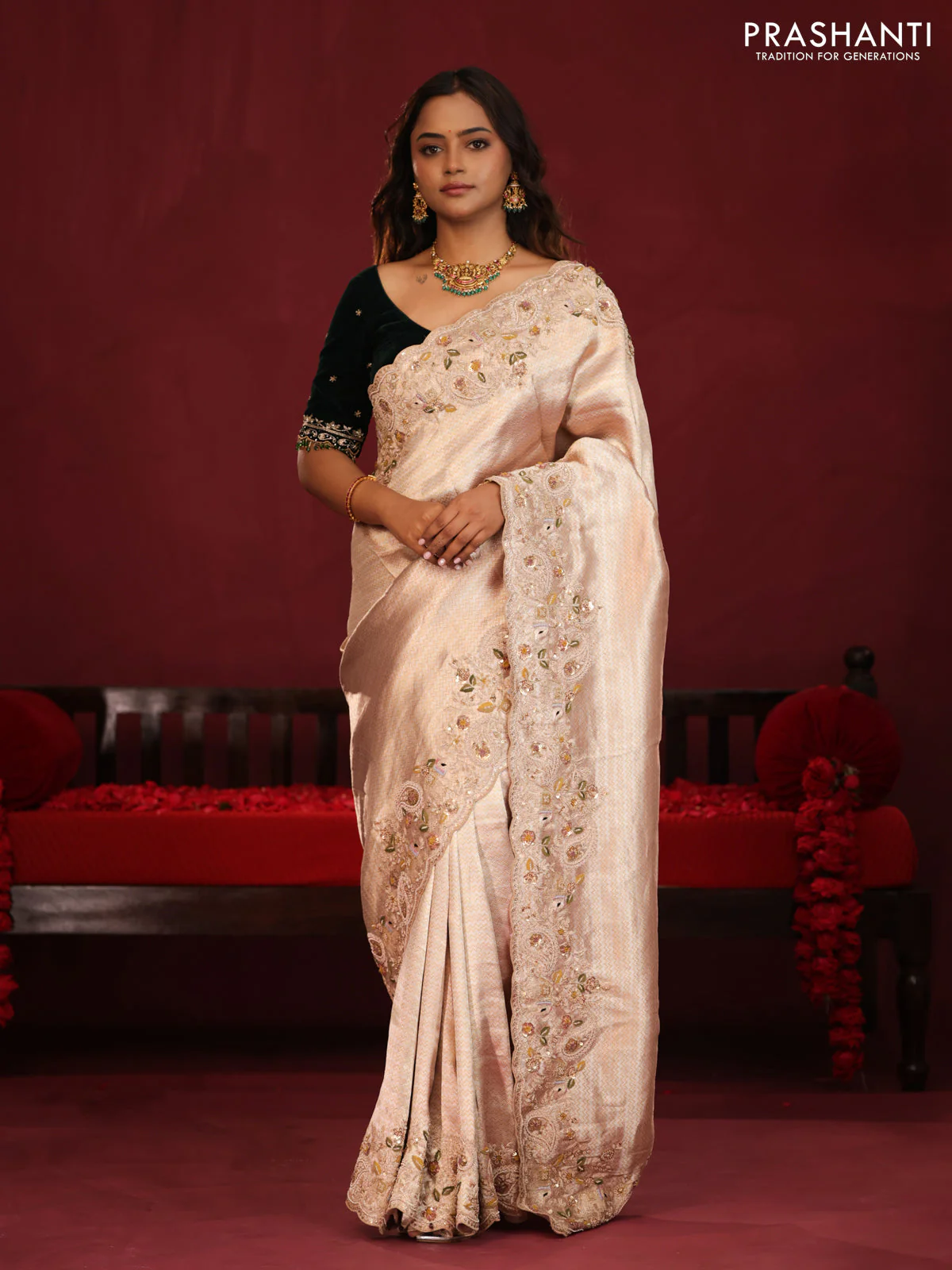 Pure kanchipuram tissue silk saree with border embroidery & velvet blouse - Image 3