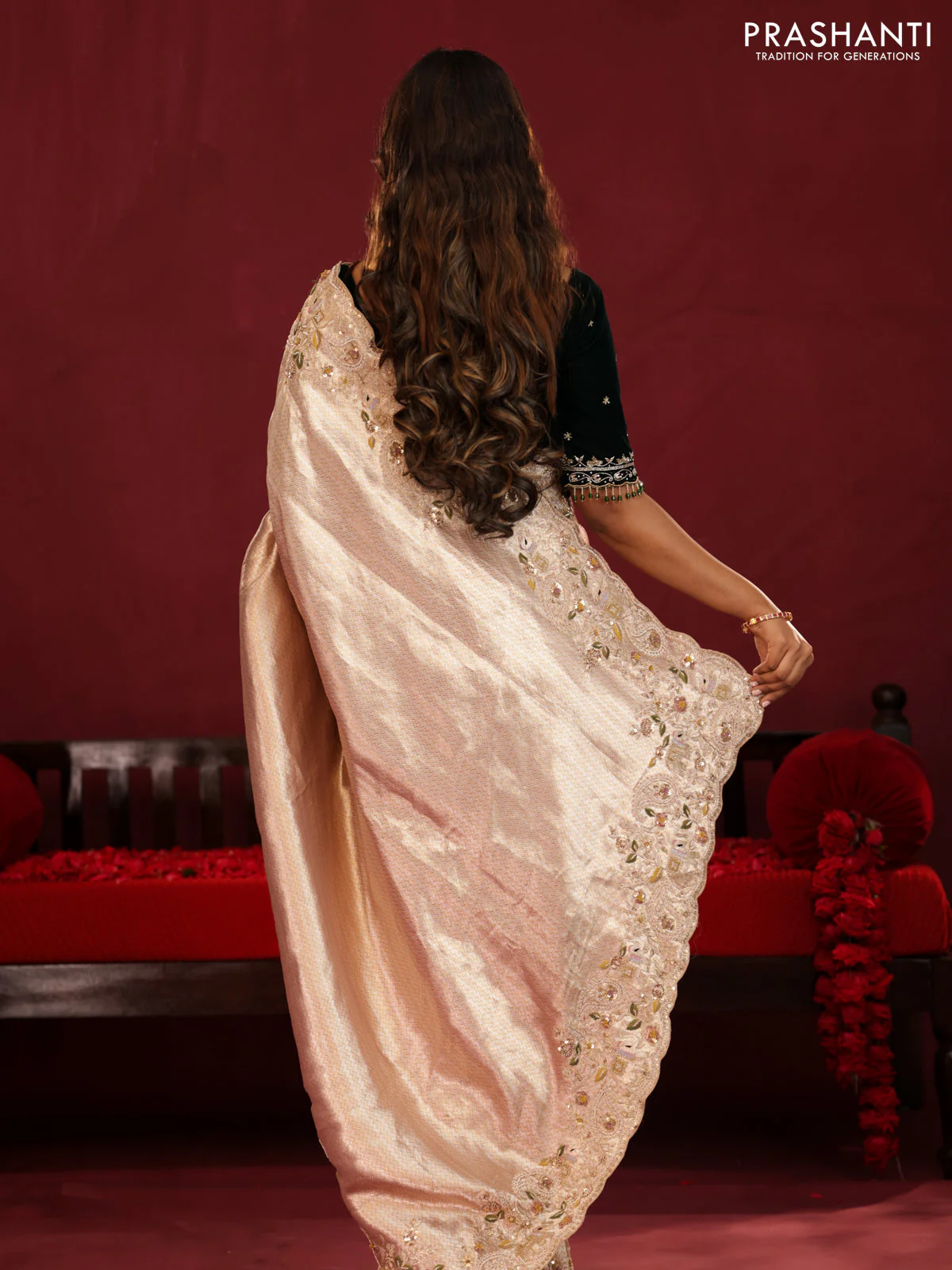 Pure kanchipuram tissue silk saree with border embroidery & velvet blouse - Image 6