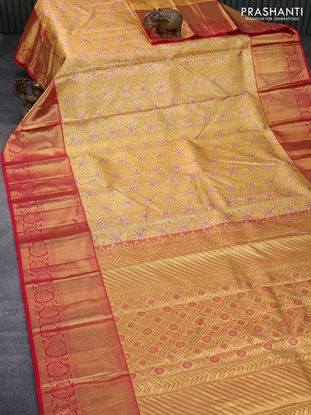 Pure kanchipuram tissue silk saree yellow and red with allover zari woven brocade weaves and long zari woven border - Image 2