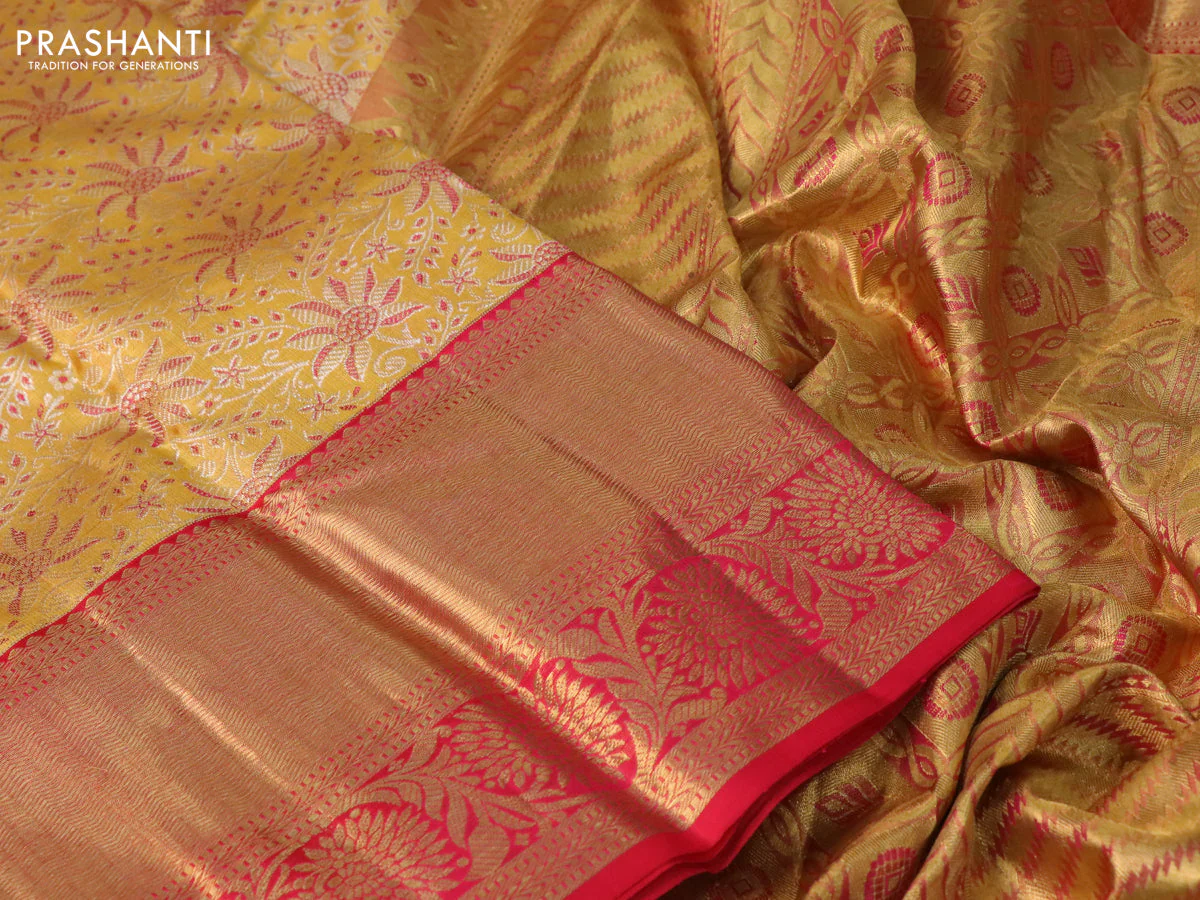 Pure kanchipuram tissue silk saree yellow and red with allover zari woven brocade weaves and long zari woven border - Image 3