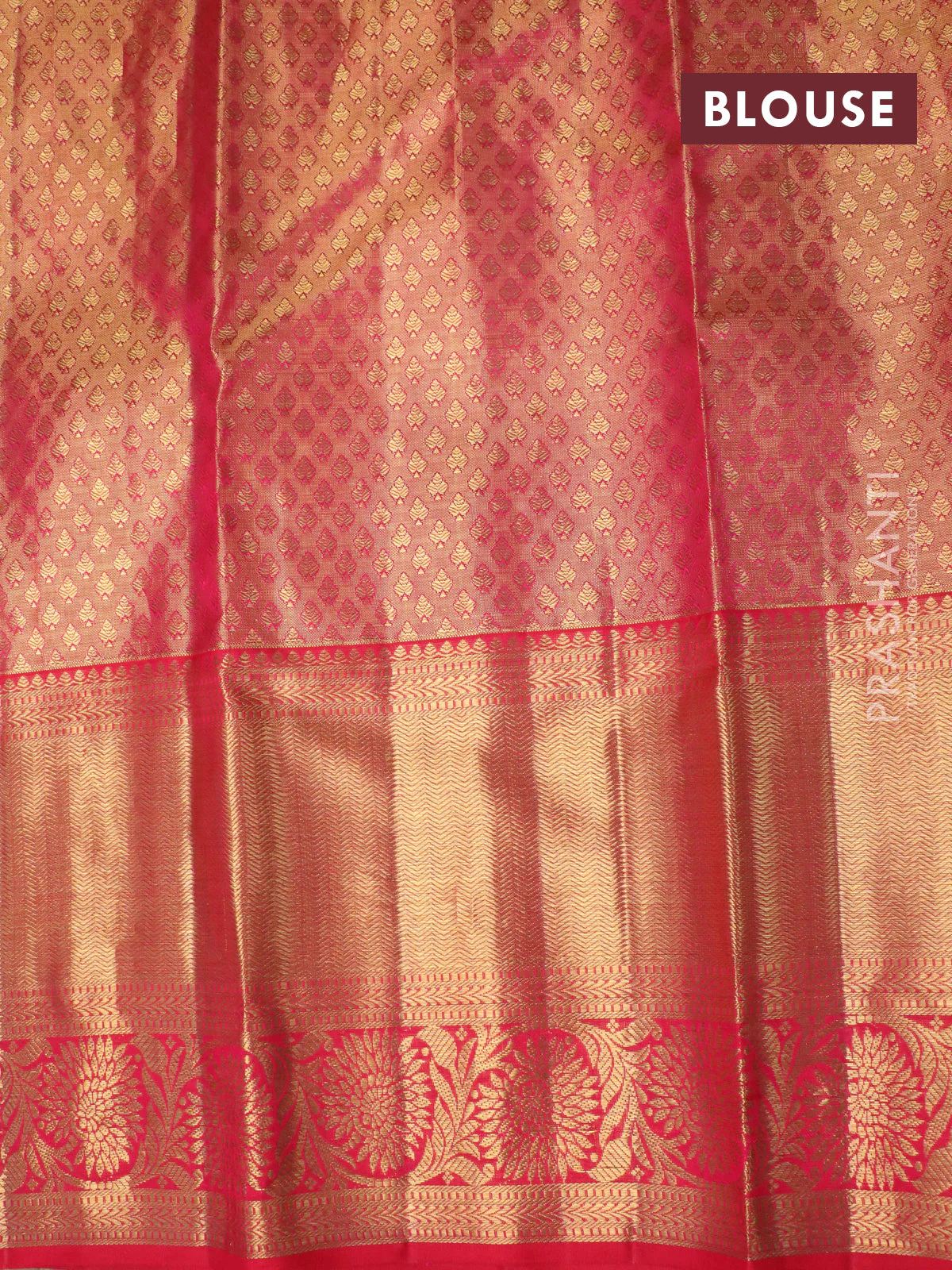 Pure kanchipuram tissue silk saree yellow and red with allover zari woven brocade weaves and long zari woven border - Image 4