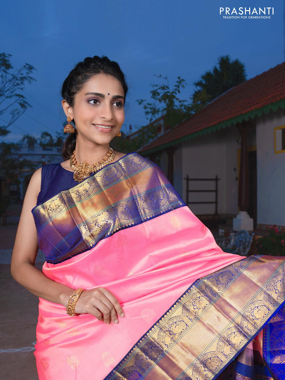 Pa - Pure kanjivaram silk saree baby pink and navy blue with zari woven peacock design buttas and elephant & peacock zari woven korvai border - Image 3