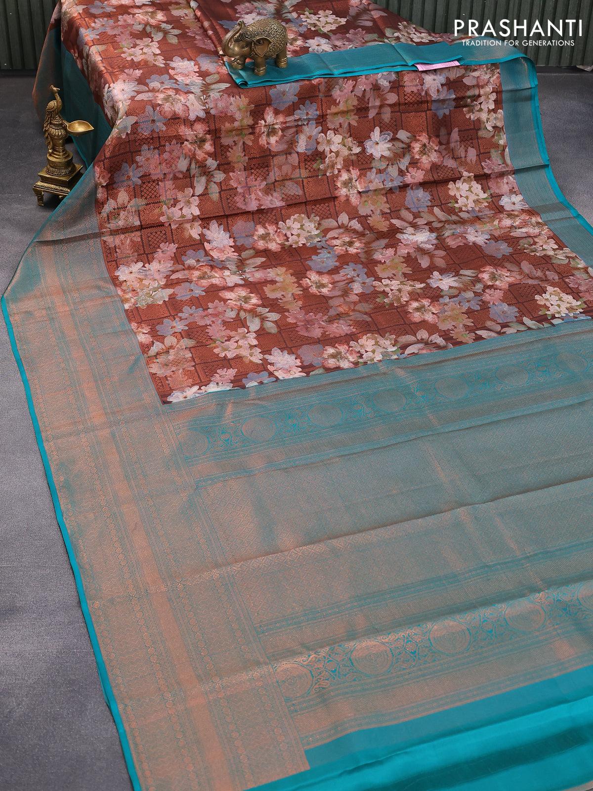 Pure kanjivaram silk saree brown and teal green with allover floral digital prints & zari weaves and long zari woven border - Image 2