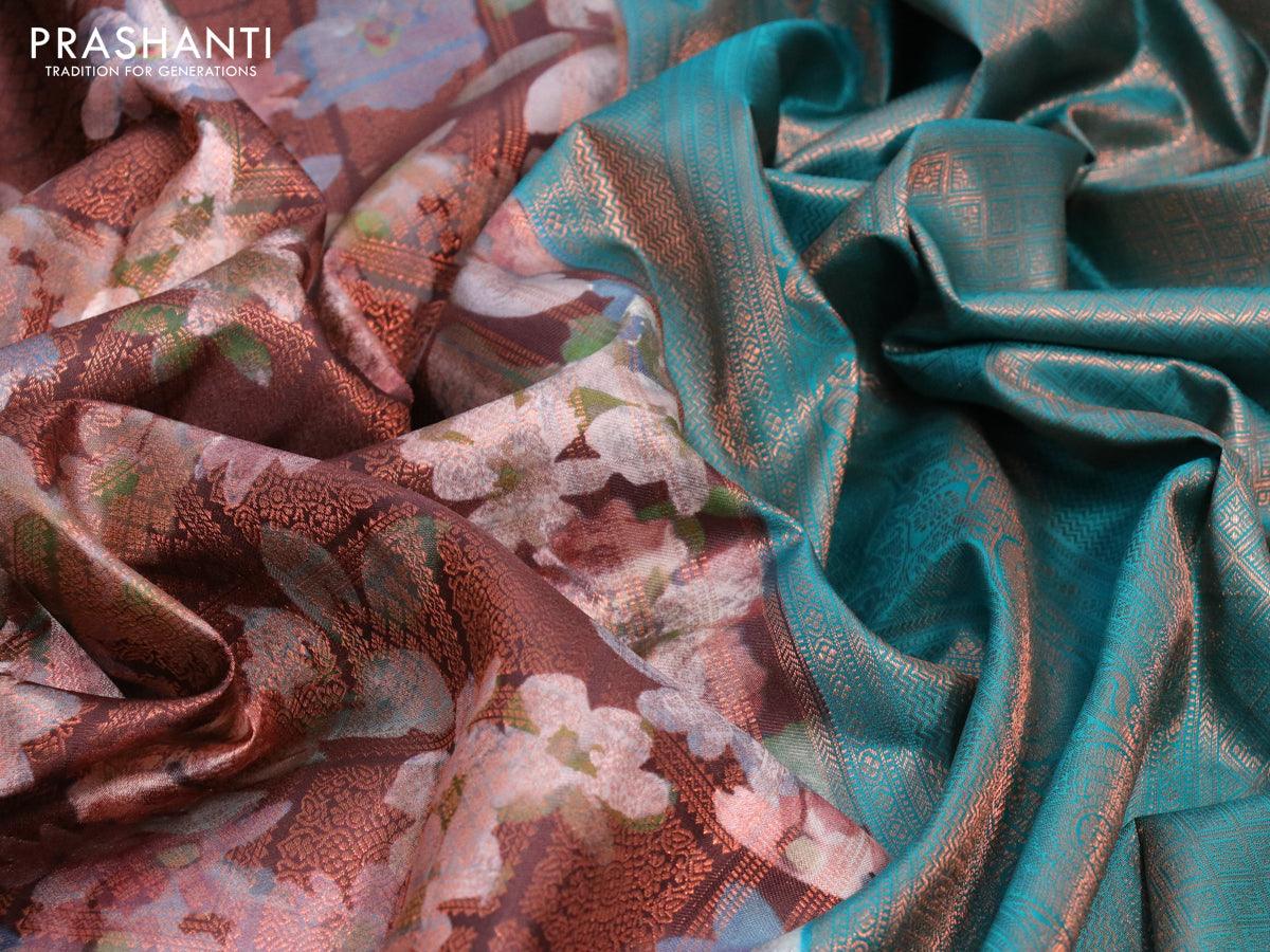 Pure kanjivaram silk saree brown and teal green with allover floral digital prints & zari weaves and long zari woven border - Image 3
