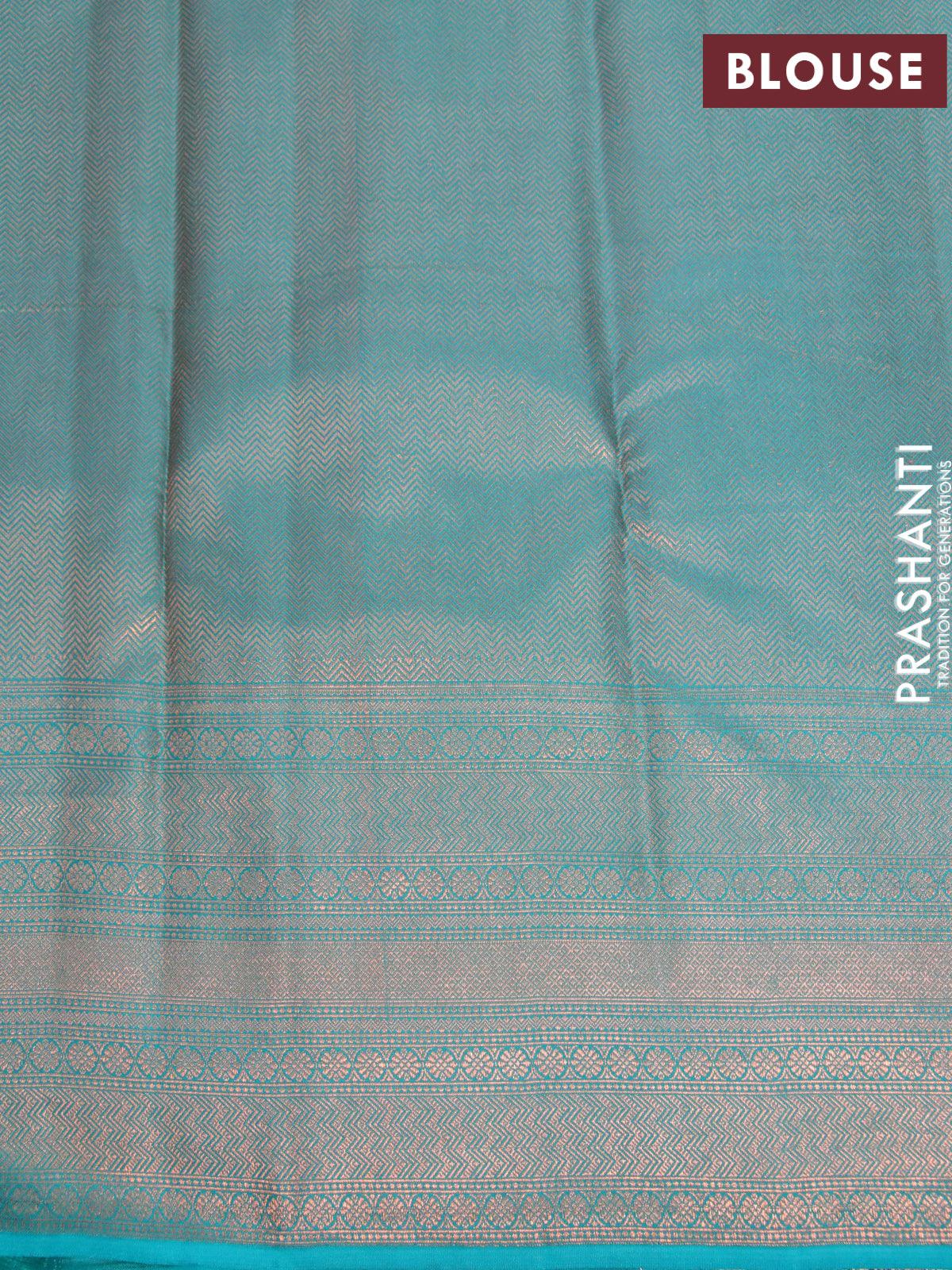 Pure kanjivaram silk saree brown and teal green with allover floral digital prints & zari weaves and long zari woven border - Image 4
