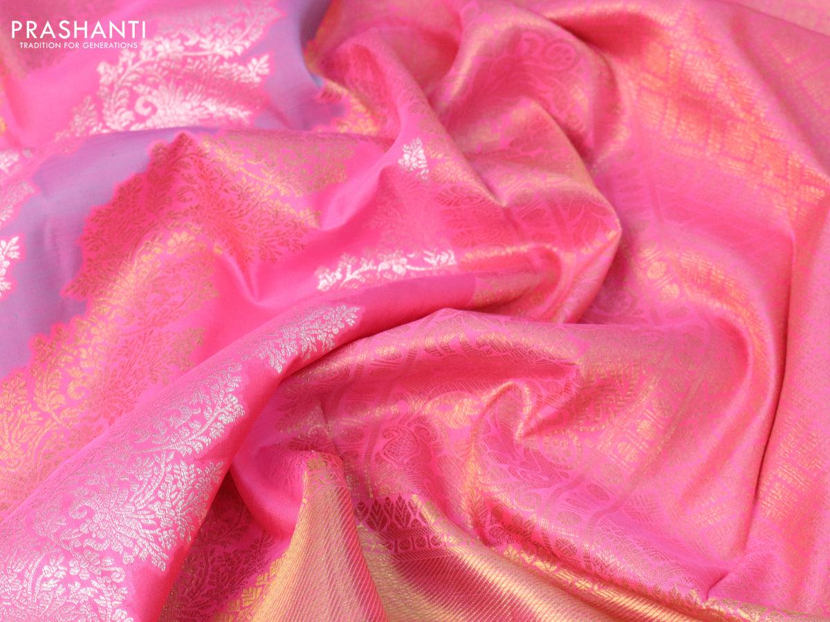 Pure kanjivaram silk saree candy pink with allover silver & gold zari woven floral weaves and long rich annam & parrot zari woven border - Image 3