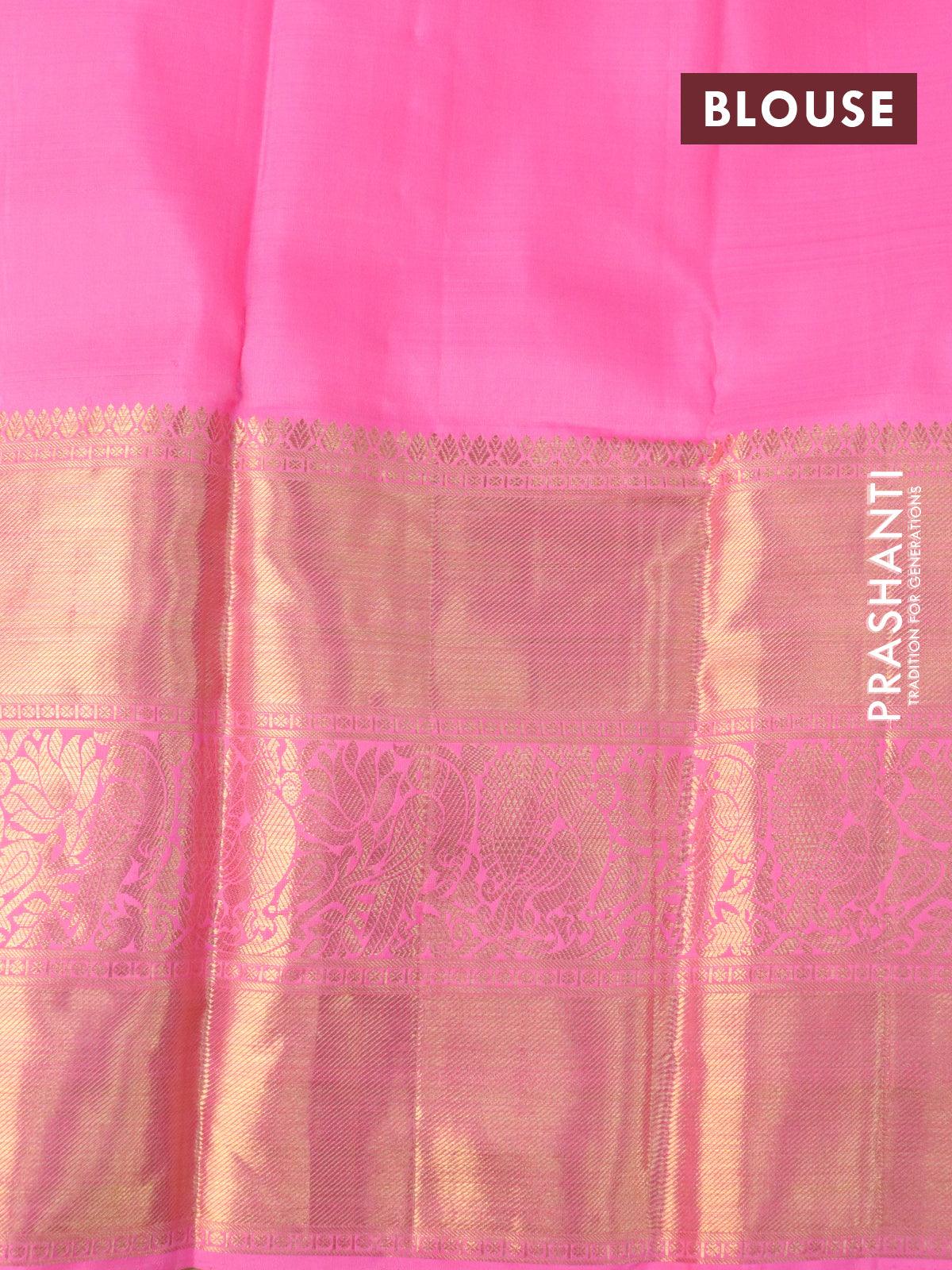 Pure kanjivaram silk saree candy pink with allover silver & gold zari woven floral weaves and long rich annam & parrot zari woven border - Image 4