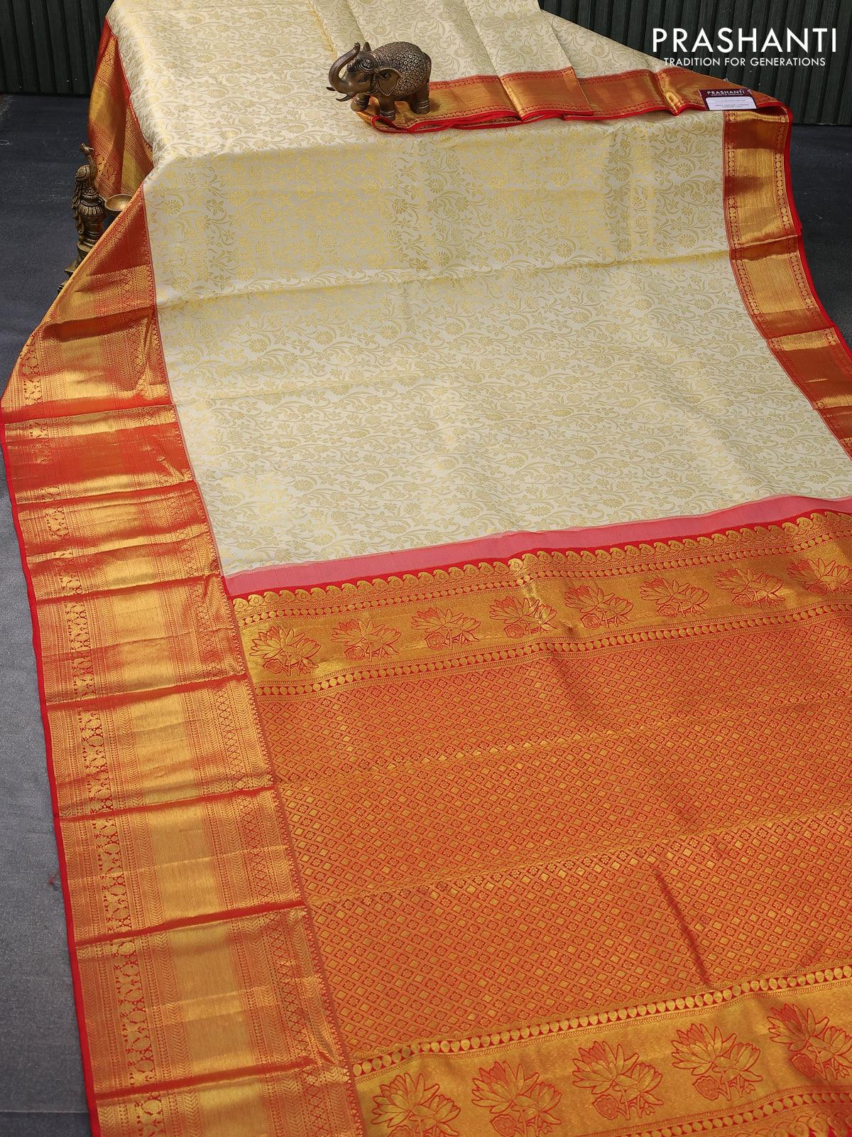Pure kanjivaram silk saree cream and red with allover floral zari woven brocade weaves and long rich zari woven annam border - Image 2