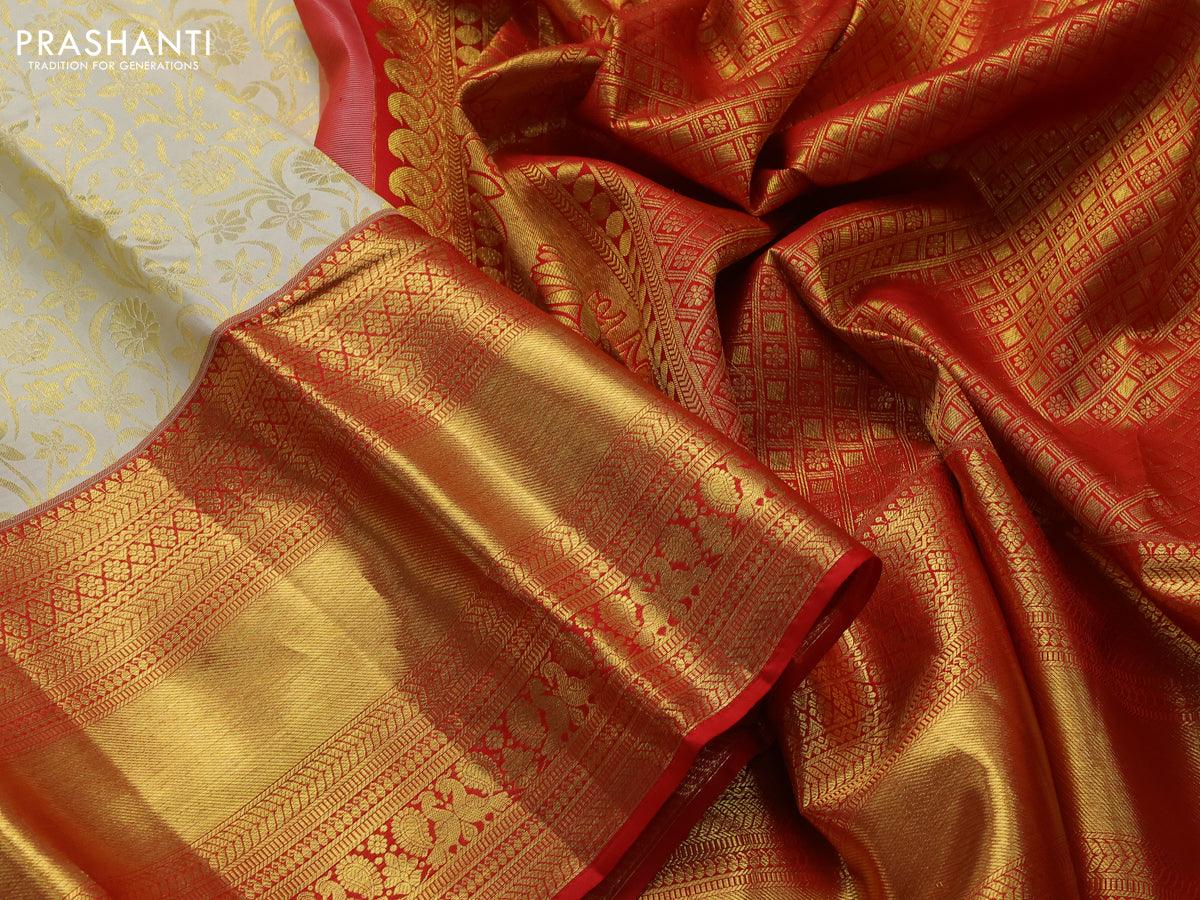 Pure kanjivaram silk saree cream and red with allover floral zari woven brocade weaves and long rich zari woven annam border - Image 3