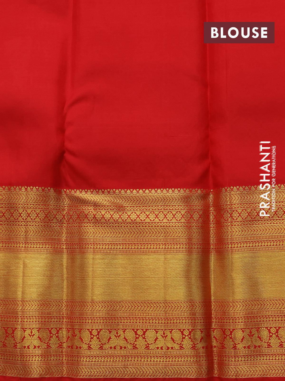 Pure kanjivaram silk saree cream and red with allover floral zari woven brocade weaves and long rich zari woven annam border - Image 4