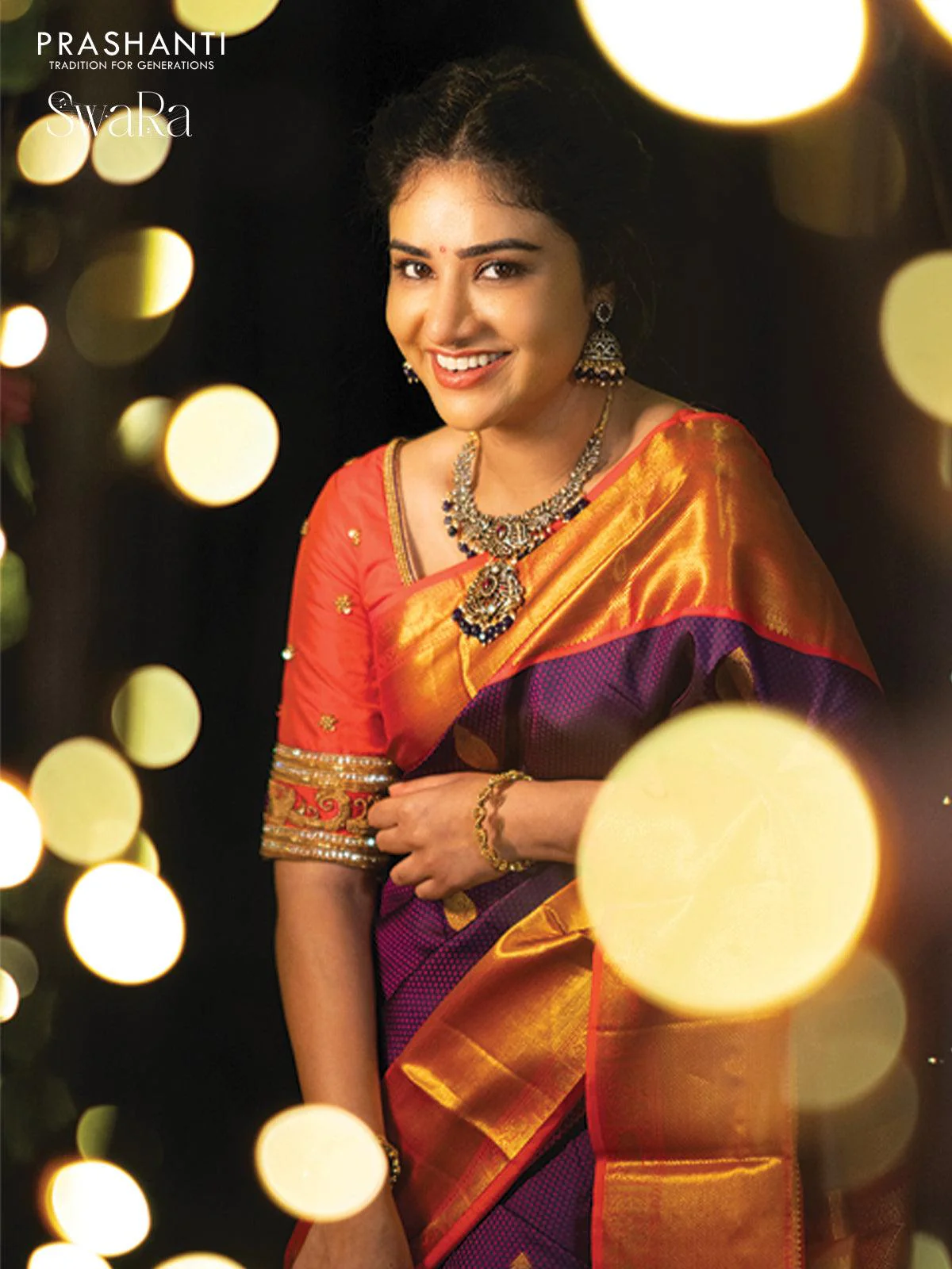 Pure kanjivaram silk saree dark blue and dual shade of pinkish orange with allover self emboss & zari buttas and rich zari woven border - Image 2