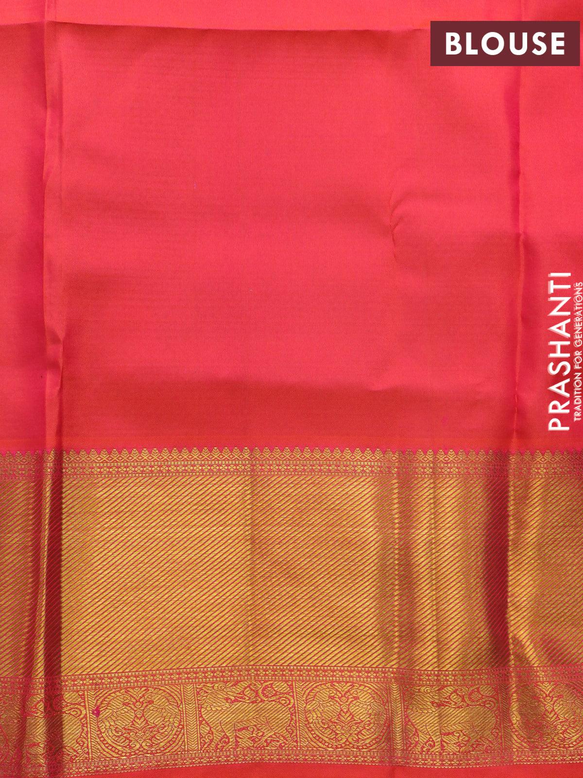 Pure kanjivaram silk saree dark blue and dual shade of pinkish orange with allover self emboss & zari buttas and rich zari woven border - Image 8