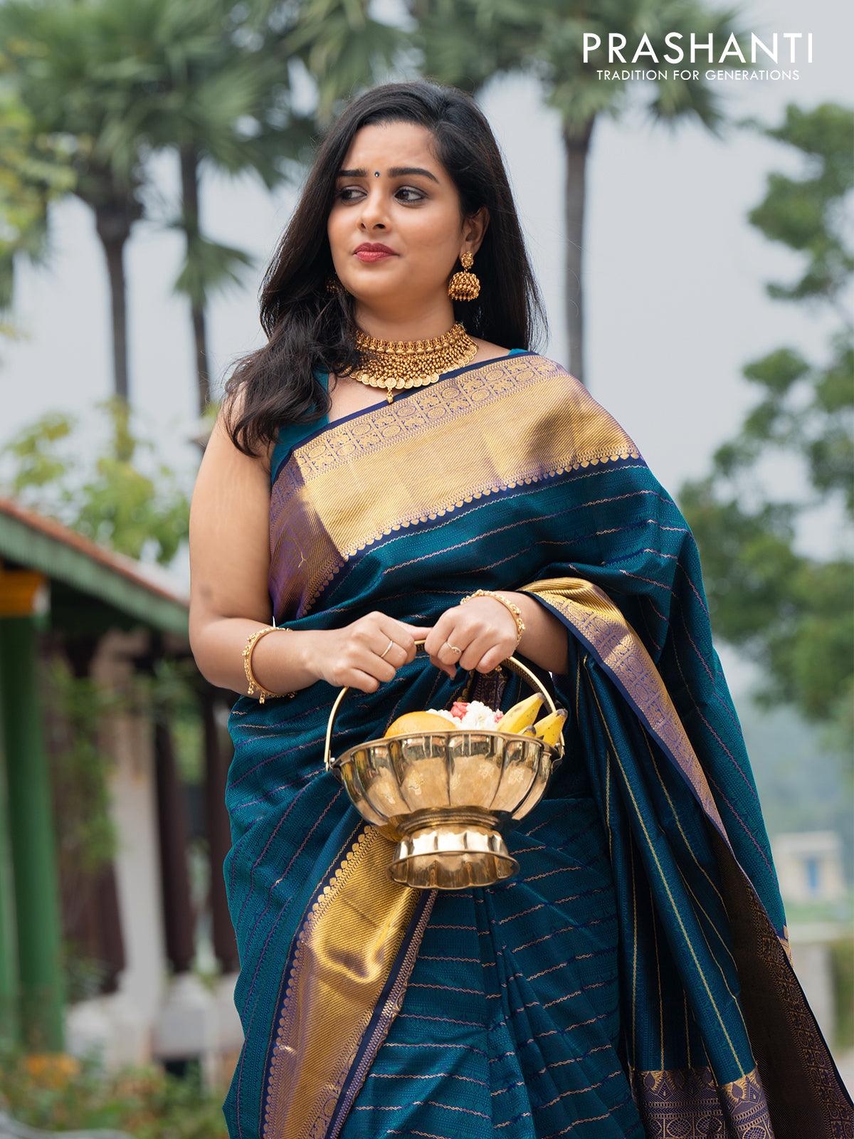 Pa - Pure kanjivaram silk saree deep navy blue and cs blue with lotus and rudhraksha emboss pattern and rich zari woven border - Pre Order - Image 2