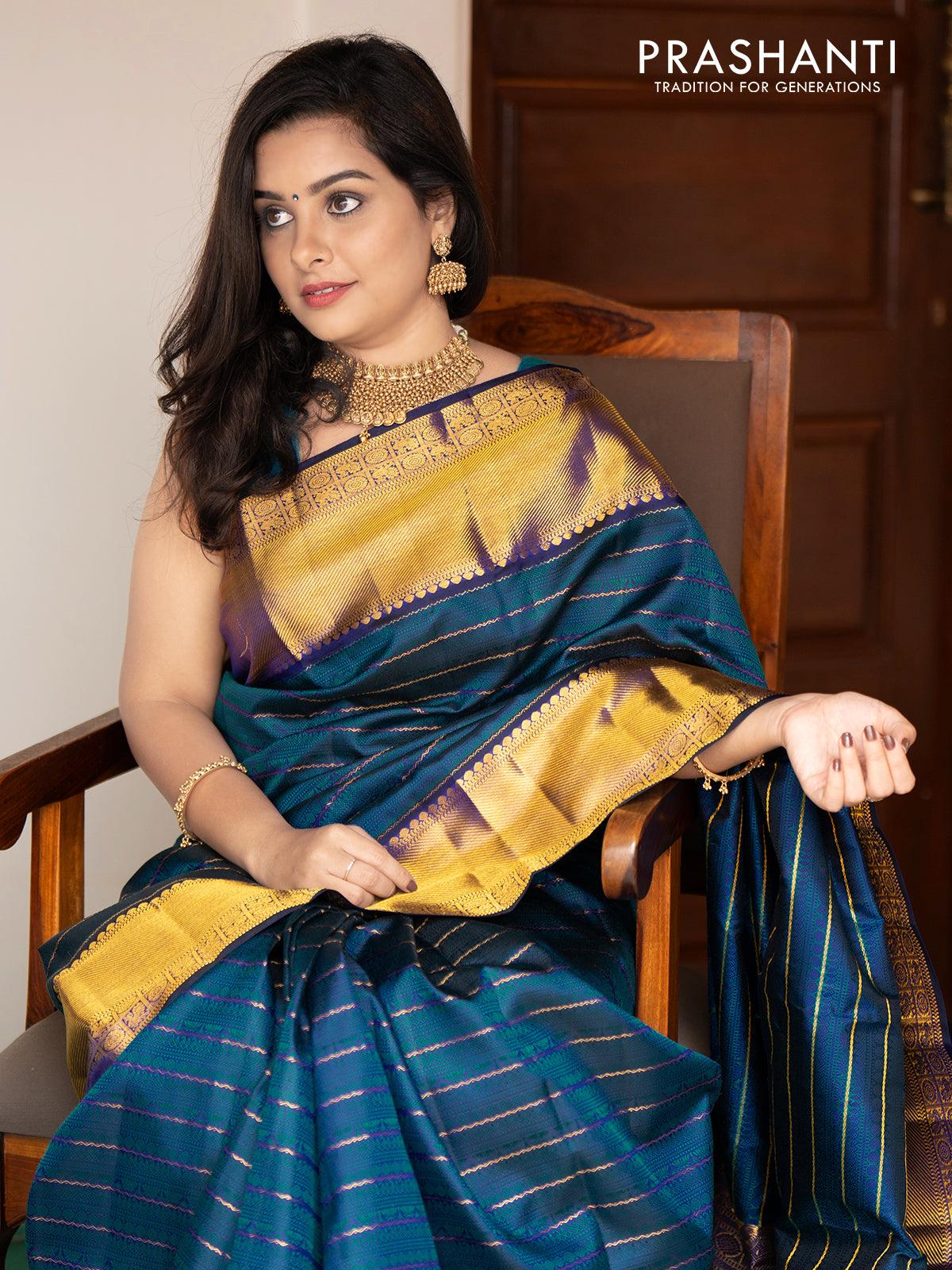 Pa - Pure kanjivaram silk saree deep navy blue and cs blue with lotus and rudhraksha emboss pattern and rich zari woven border - Pre Order - Image 3