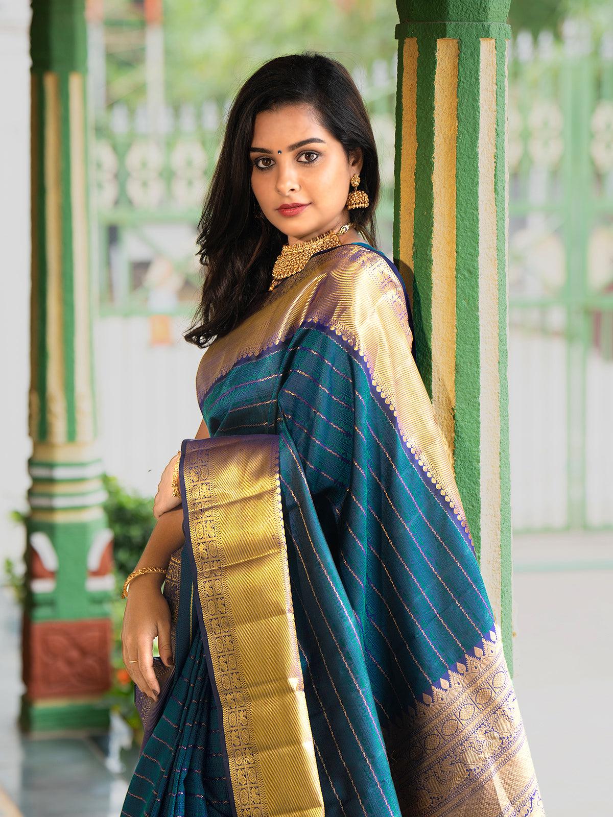 Pa - Pure kanjivaram silk saree deep navy blue and cs blue with lotus and rudhraksha emboss pattern and rich zari woven border - Pre Order - Image 4