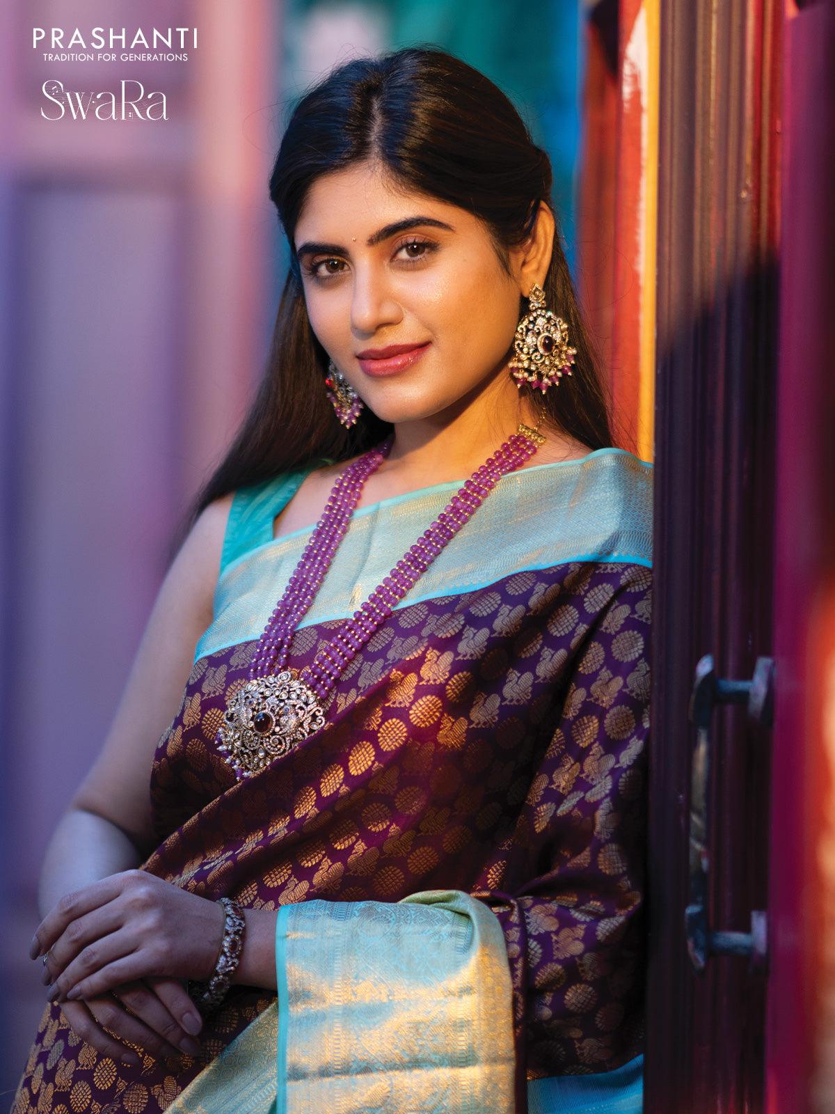 Pure kanjivaram silk saree deep purple and teal blue shade with allover annam zari woven butta weaves and rich zari woven border - Image 2