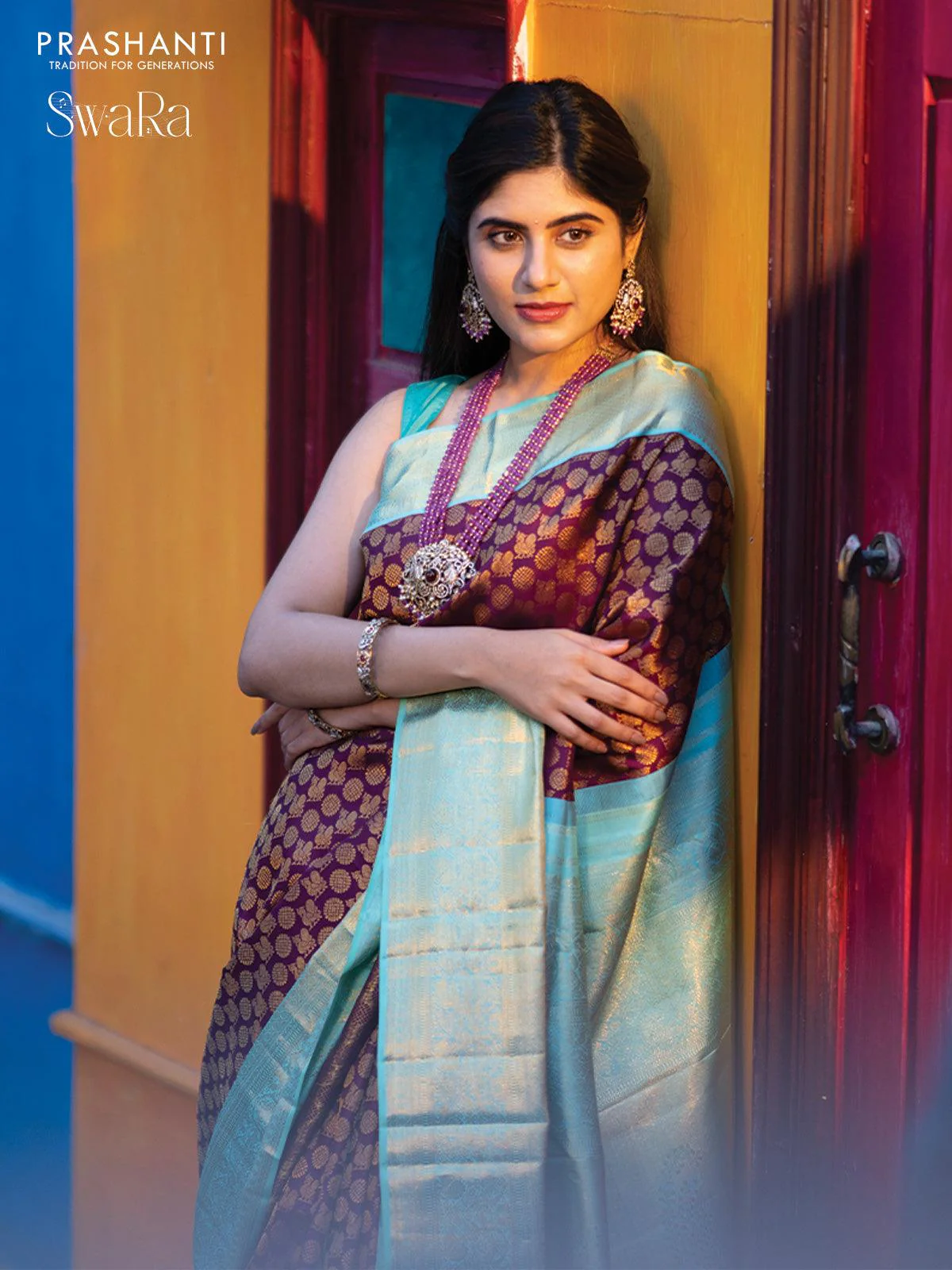 Pure kanjivaram silk saree deep purple and teal blue shade with allover annam zari woven butta weaves and rich zari woven border - Image 3