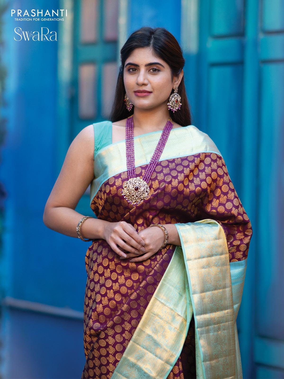 Pure kanjivaram silk saree deep purple and teal blue shade with allover annam zari woven butta weaves and rich zari woven border - Image 4