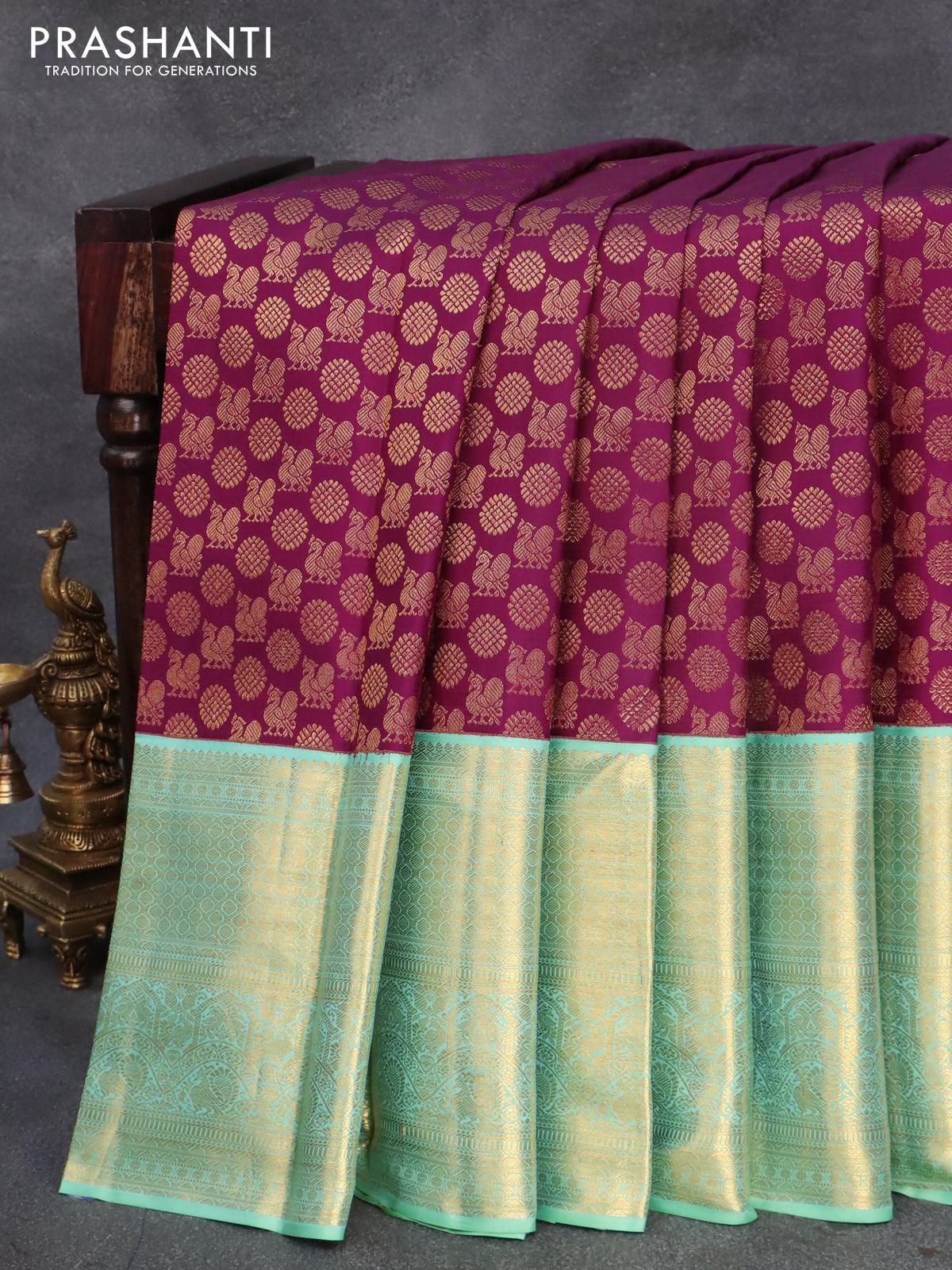 Pure kanjivaram silk saree deep purple and teal blue shade with allover annam zari woven butta weaves and rich zari woven border - Image 5
