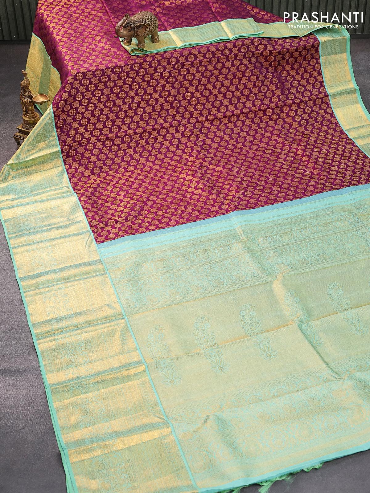 Pure kanjivaram silk saree deep purple and teal blue shade with allover annam zari woven butta weaves and rich zari woven border - Image 6