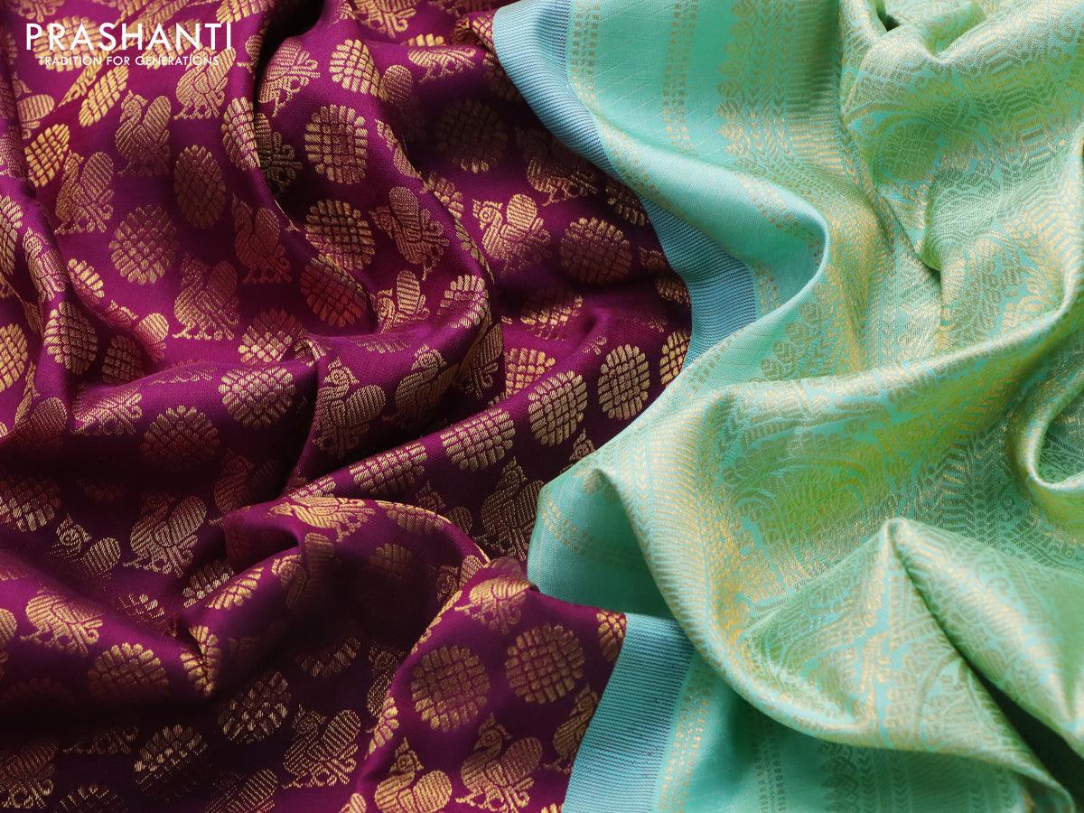 Pure kanjivaram silk saree deep purple and teal blue shade with allover annam zari woven butta weaves and rich zari woven border - Image 7
