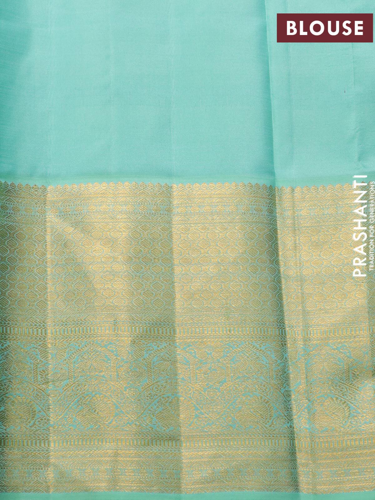 Pure kanjivaram silk saree deep purple and teal blue shade with allover annam zari woven butta weaves and rich zari woven border - Image 8