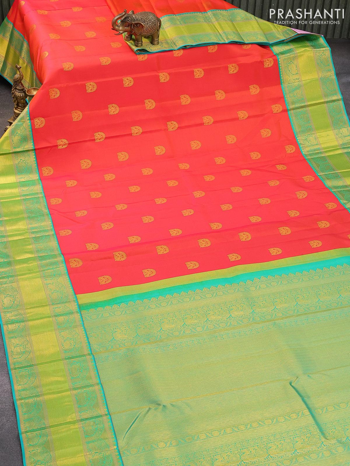 Pure kanjivaram silk saree dual shade of pink and dual shade of teal green with zari woven buttas and zari woven border - Image 2